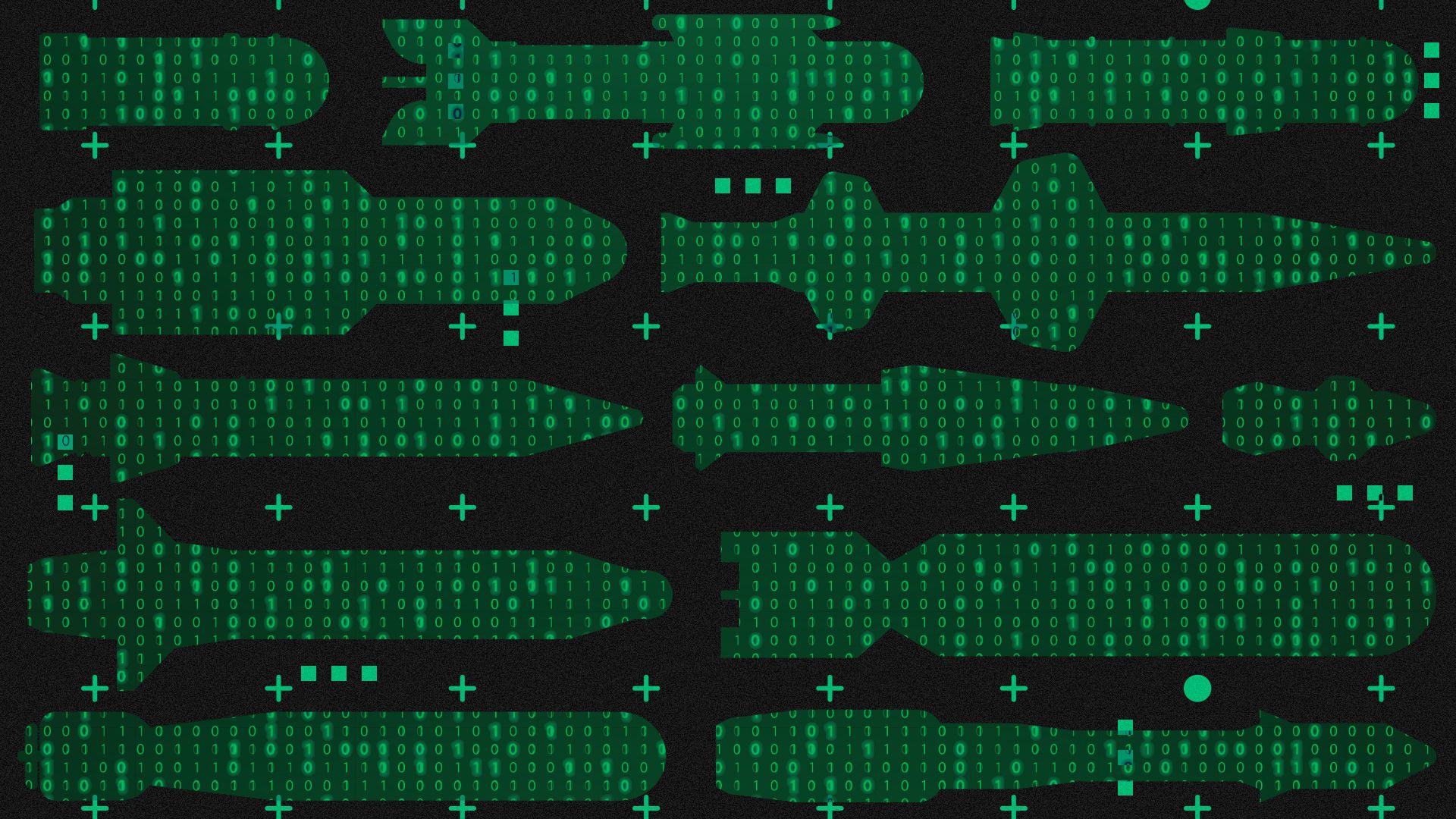 Illustration of a pattern of binary code overlaid in bomb shapes. 