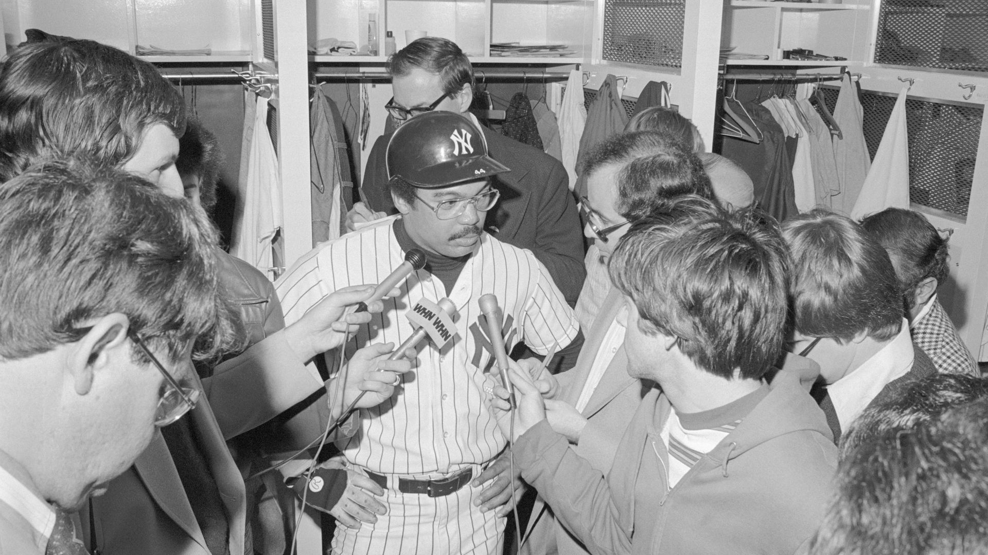 reggie jackson interviewed by reporters in locker room
