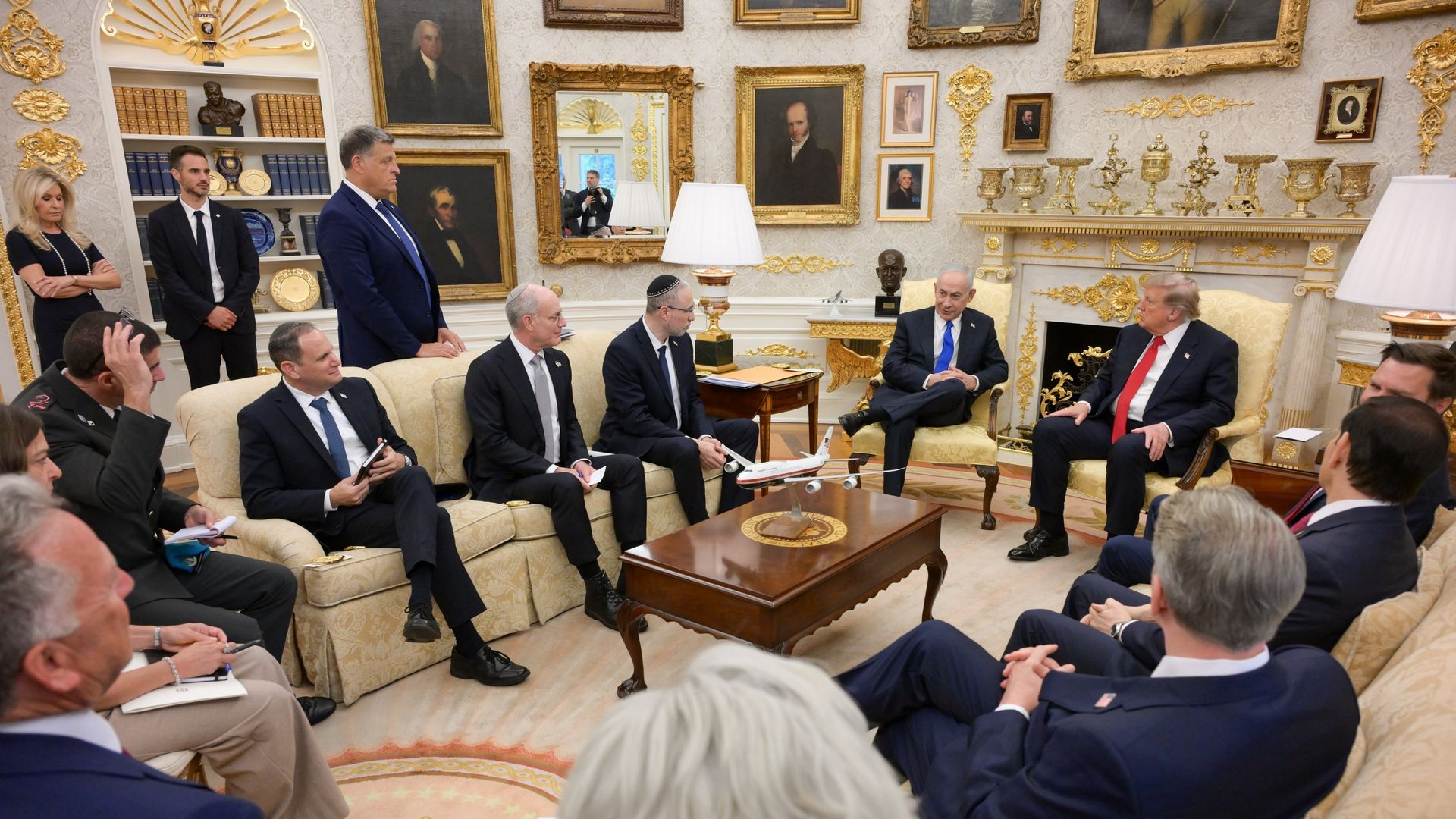 President Trump and Israeli Prime Minister Benjamin Netanyahu, along with aides, meet in the Oval Office in July.