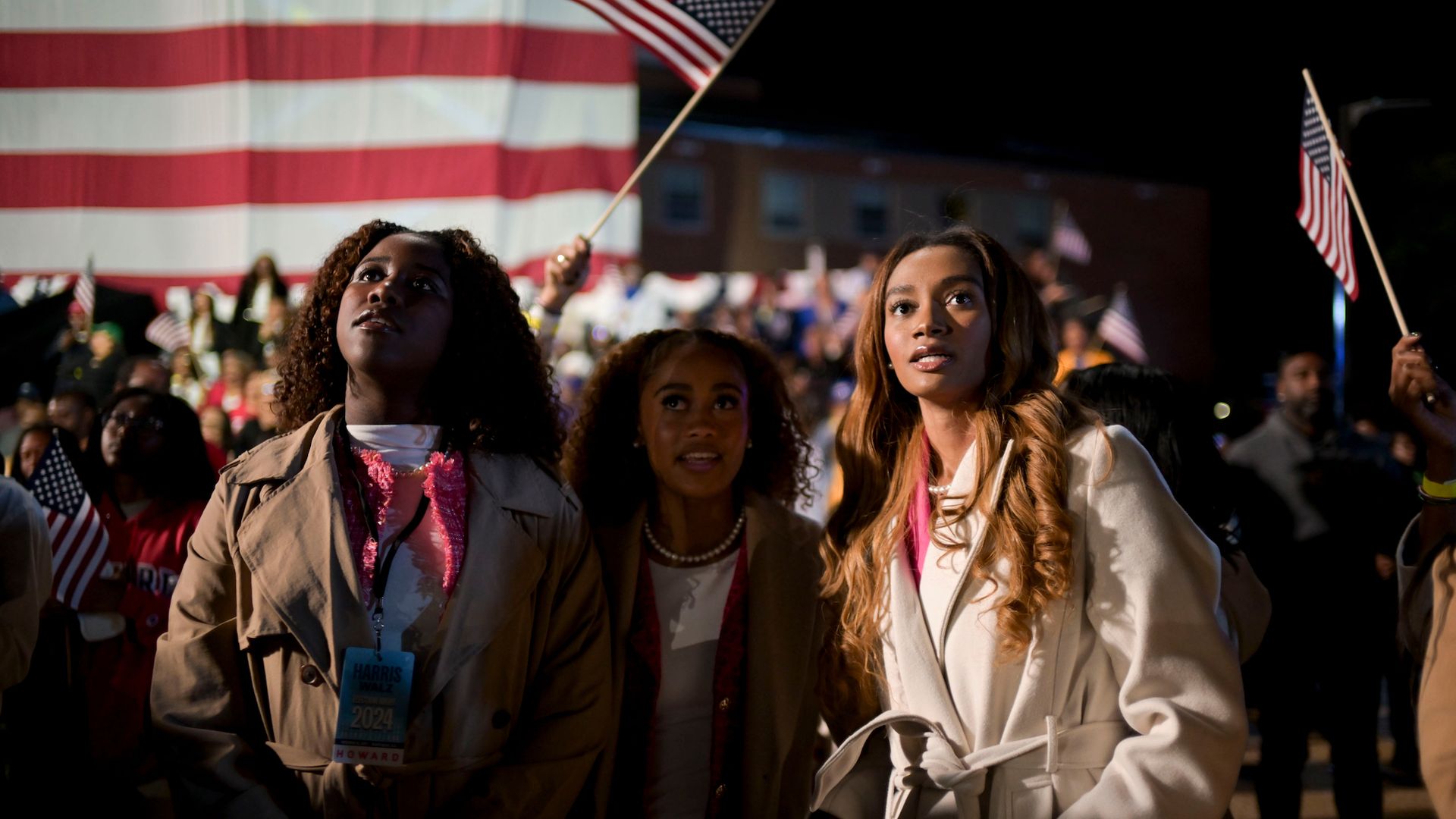 Attendees react as 2024 US Presidential election results are broadcast during an election night event with US Vice President Kamala Harris, not pictured, in Washington, DC, US, on Tuesday, Nov. 5, 2024. The 2024 presidential campaign was marked by two assassination attempts, a candidate switch, divi