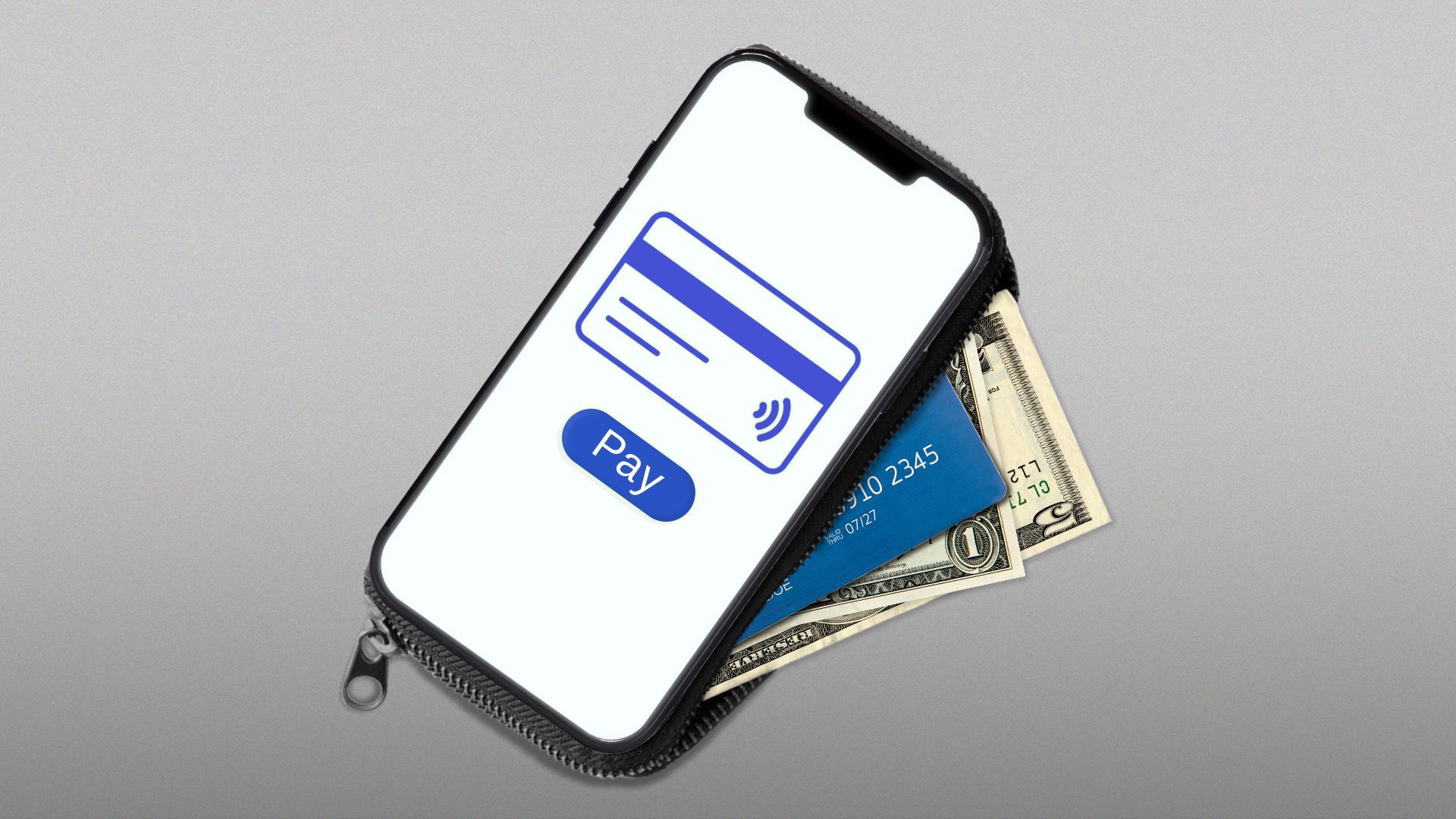 Illustration of a phone with a mobile payment icon on the screen, unzipping to show cards and money inside.