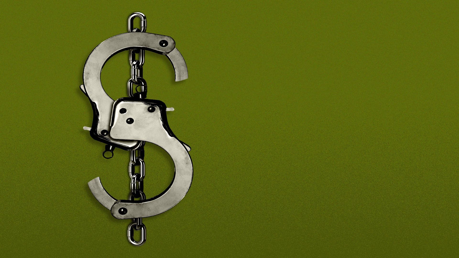 Illustration of a pair of handcuffs in the shape of a dollar sign.