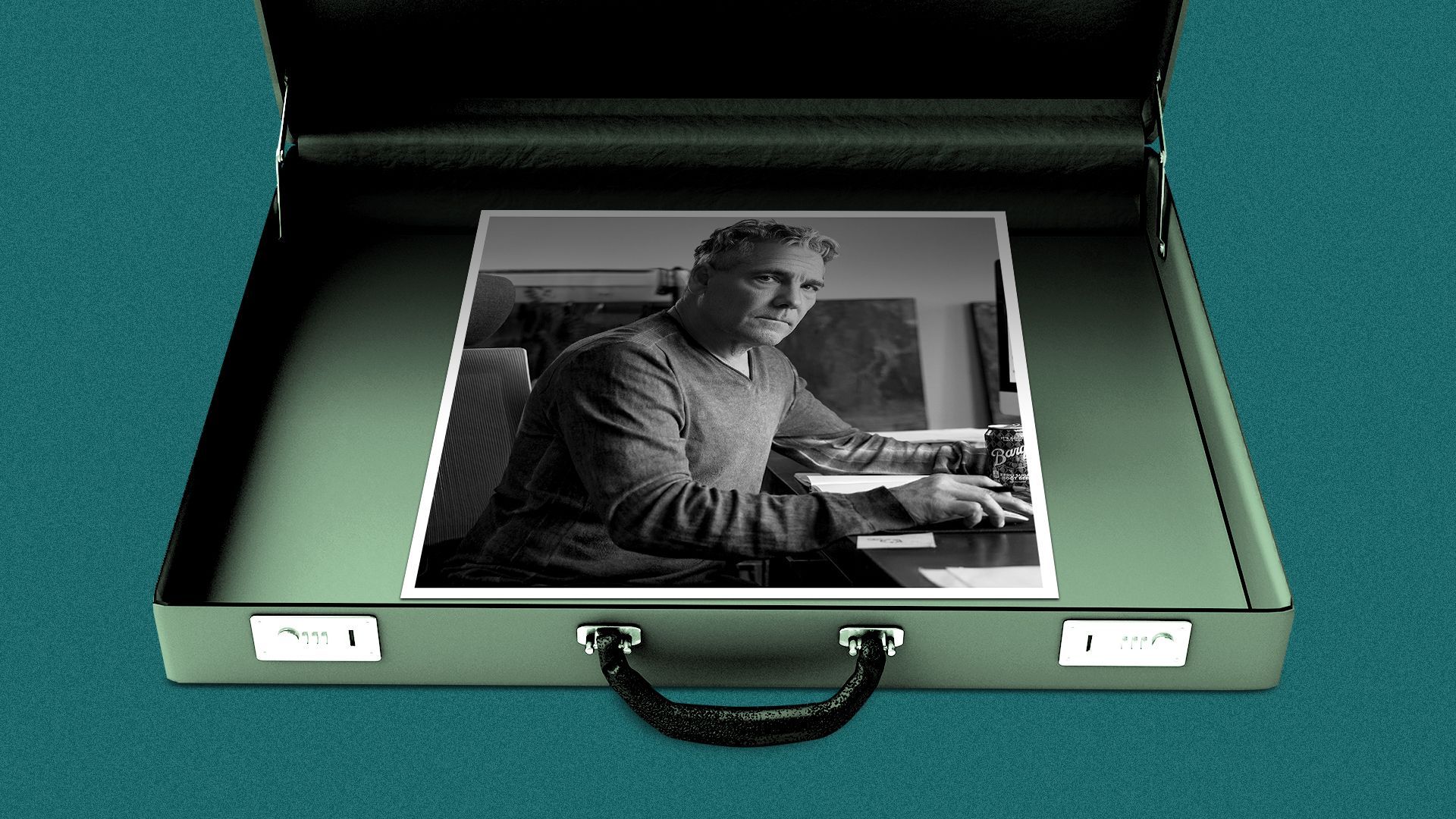 Photo illustration of a briefcase with a photo of Gary Cardone in it.