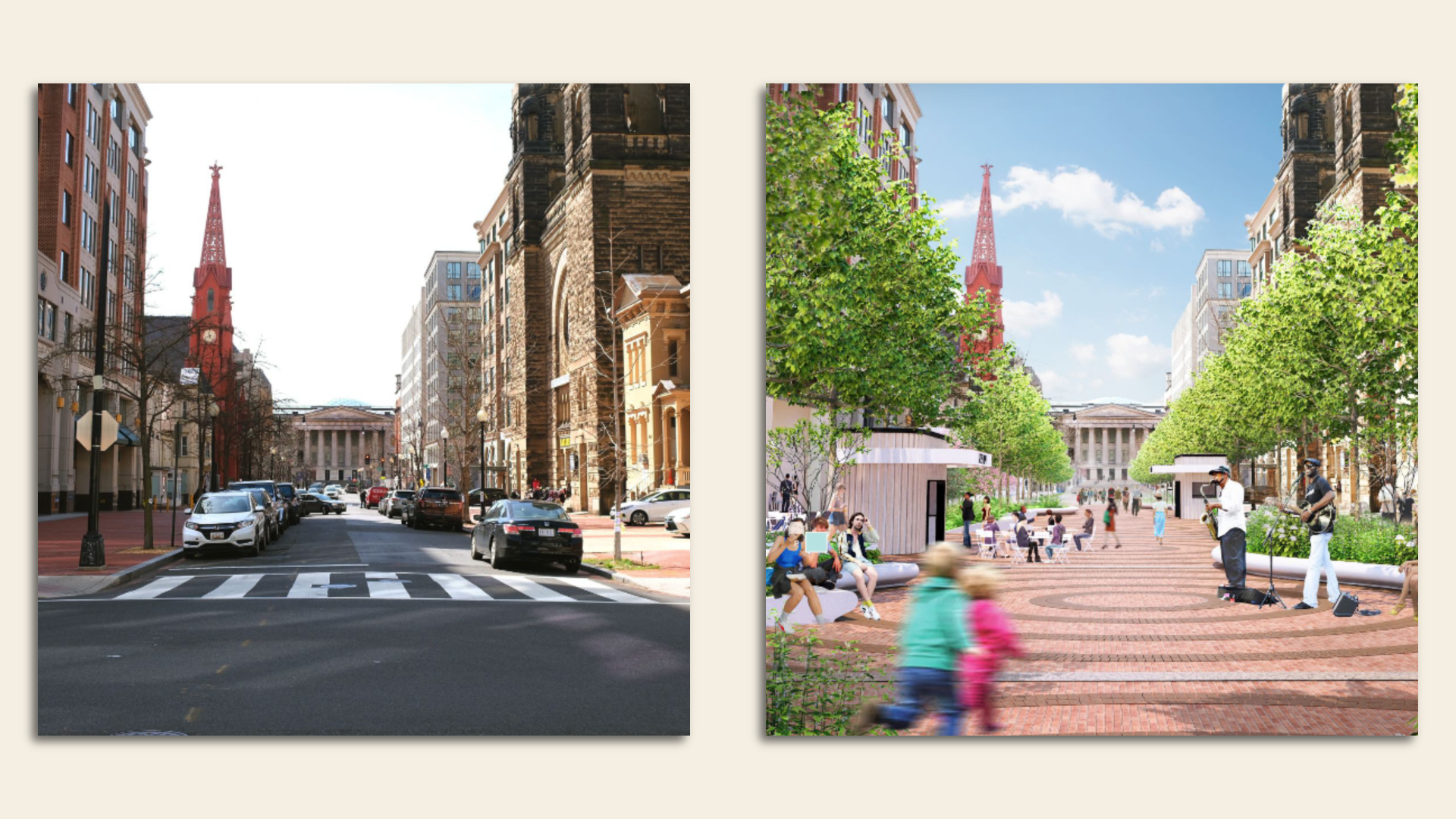 A reimagined 8th Street with a median pedestrian walkway
