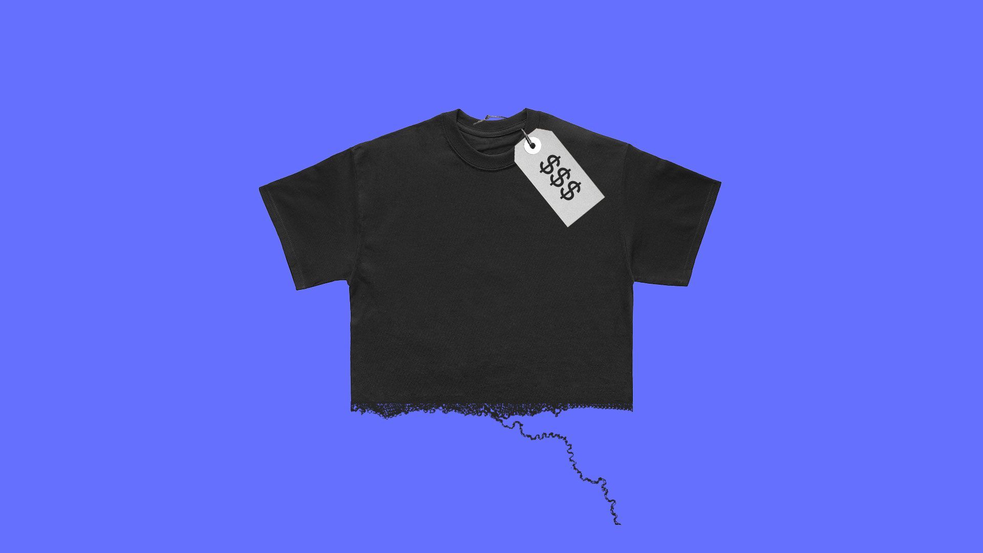 A T-shirt with an expensive price tag, seen unraveling from the bottom