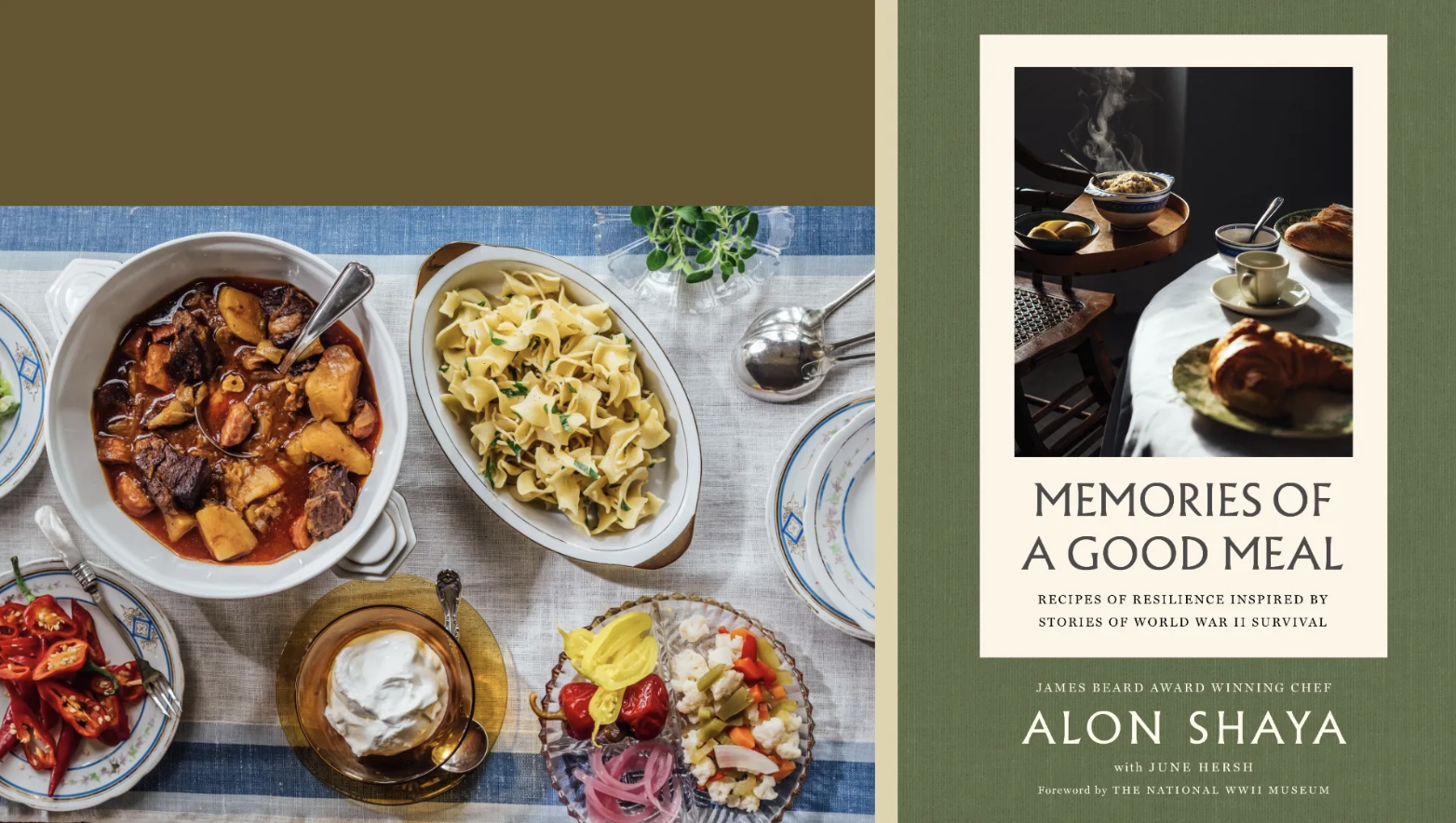 Left: table with stew, noodles, peppers, sour cream on a blue-striped cloth. Right: green book cover titled "Memories of a Good Meal"