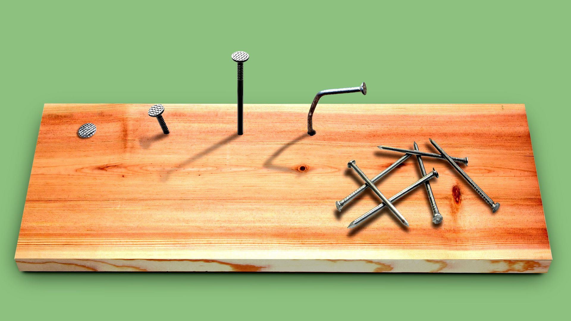 Illustration of screws on a wooden plank. One of the screws is bent. 