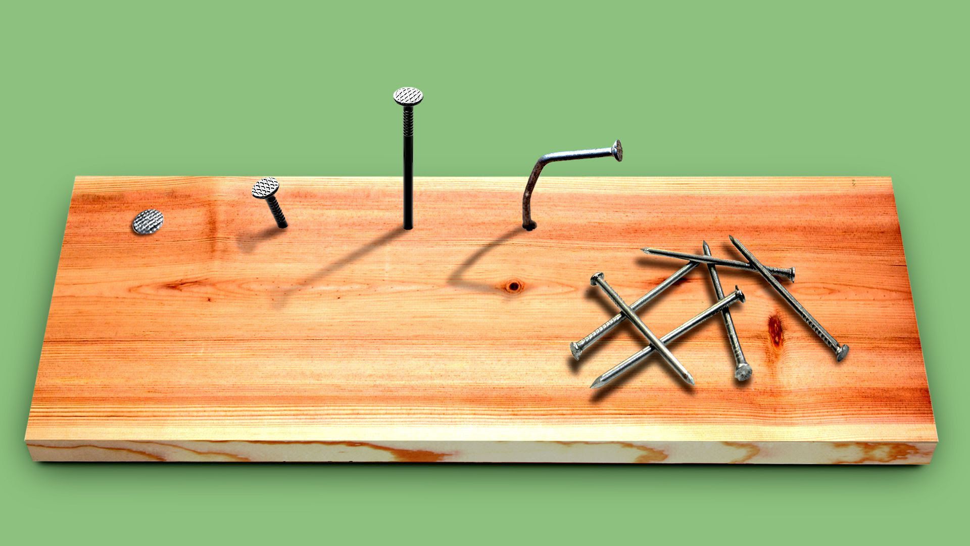 Illustration of screws on a wooden plank. One of the screws is bent. 