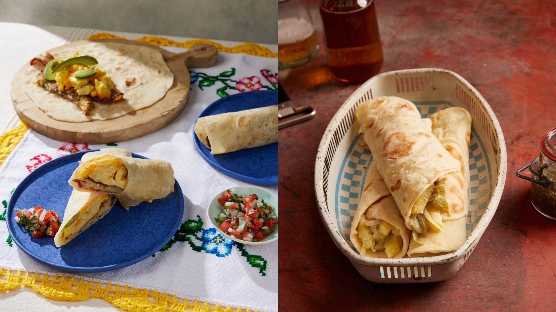 Bacon, egg, and cheese burritos on a colorful Mexican tablecloth (left) and chile verde con papas (with potato) burrito on a red table.