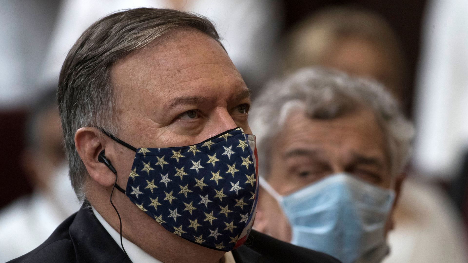 Secretary of State Mike Pompeo wearing a USA flag face mask during an inauguration ceremony in the Dominican Republic