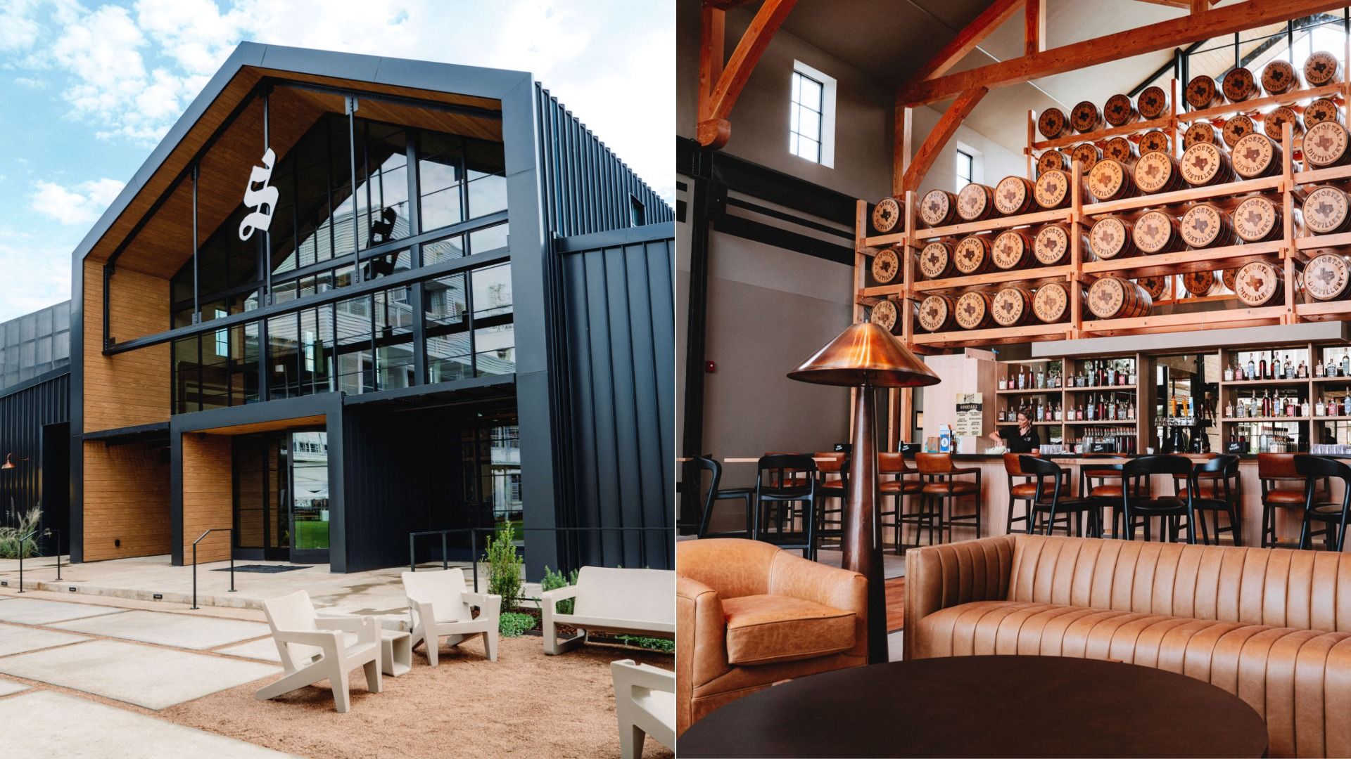 Left: Modern building with black and wood exterior and glass front. Outdoor beige chairs on dirt seating area. Right: Rustic bar interior with leather sofas, wooden barrels, high chairs, and bottles displayed.