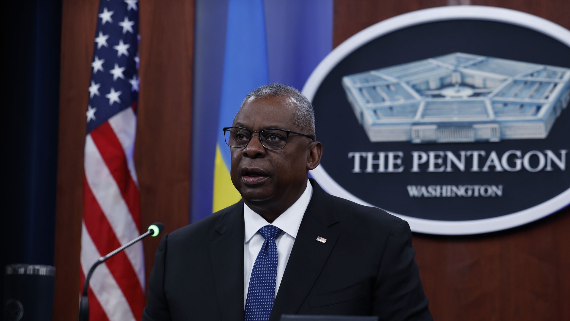  U.S. Secretary of Defense Lloyd Austin speaks during a virtual Ukraine Defense Contact Group (UDCG) meeting at the Pentagon on November 22, 2023 in Arlington, Virginia.=