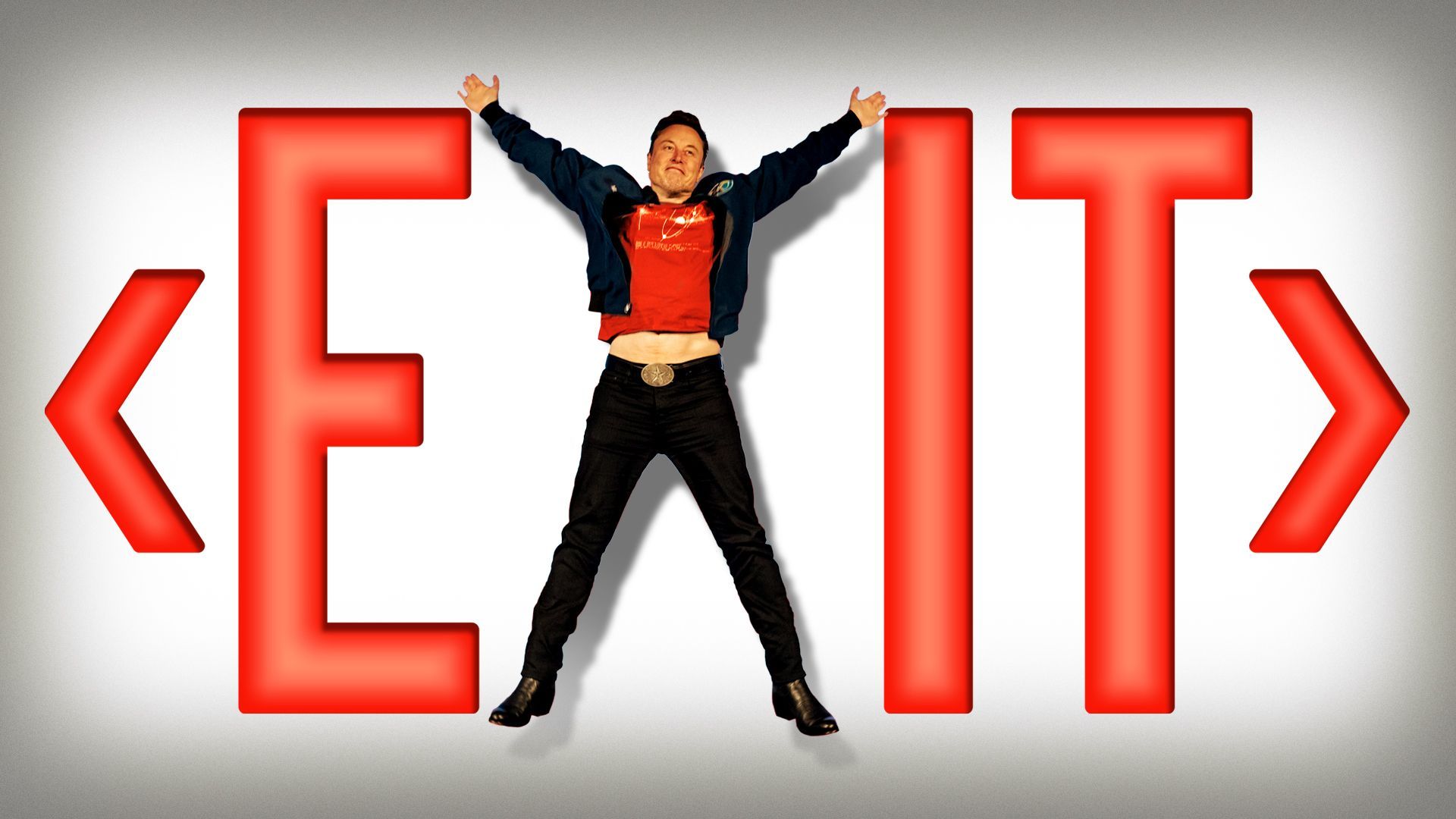 Photo illustration of Elon Musk forming an "x" shape in the place of the "x" in an exit sign