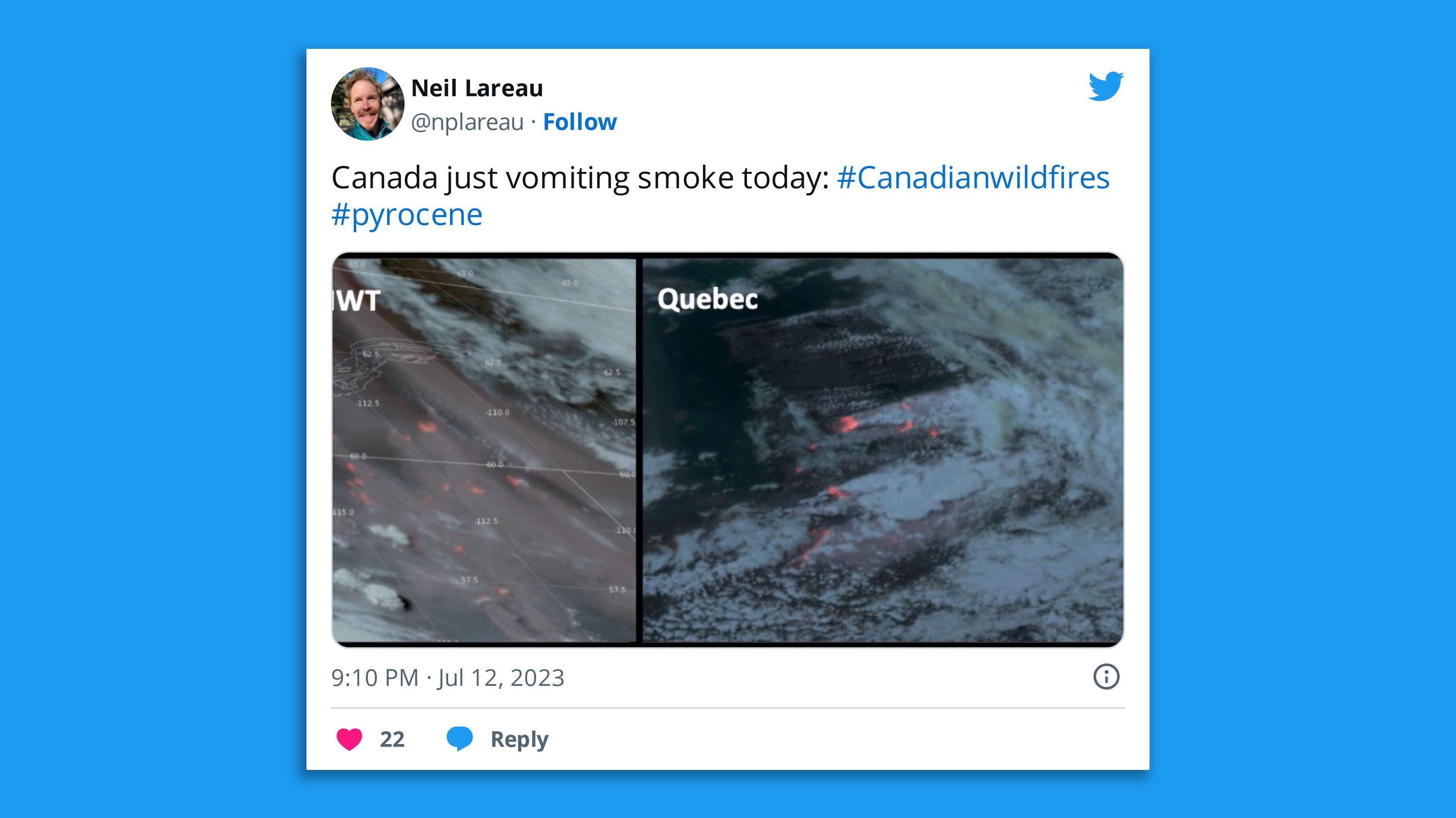 A screenshot of a tweet showing fires across Canada.