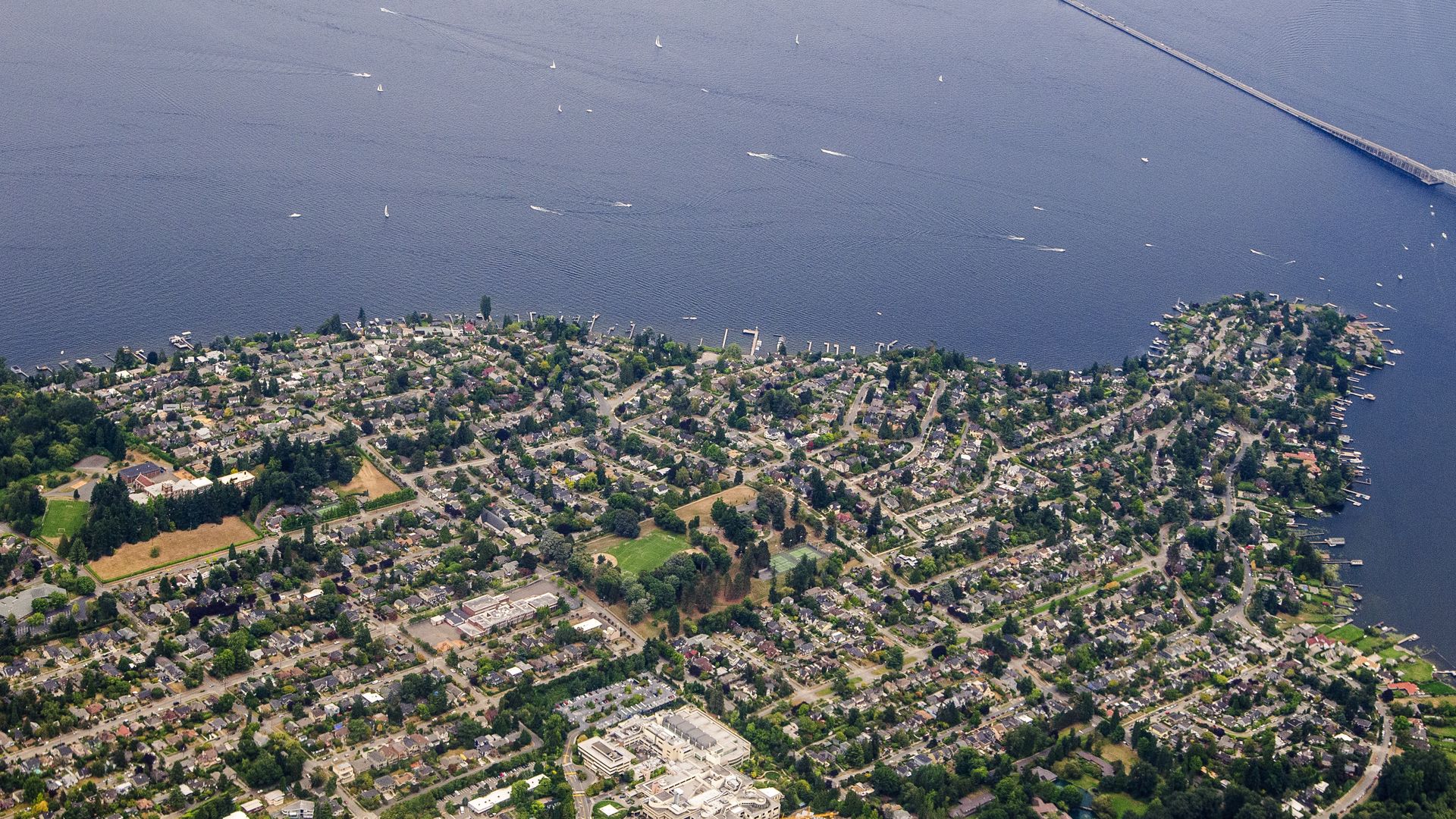 An aerial view of a pricey waterfront neighborhood in Seattle. 