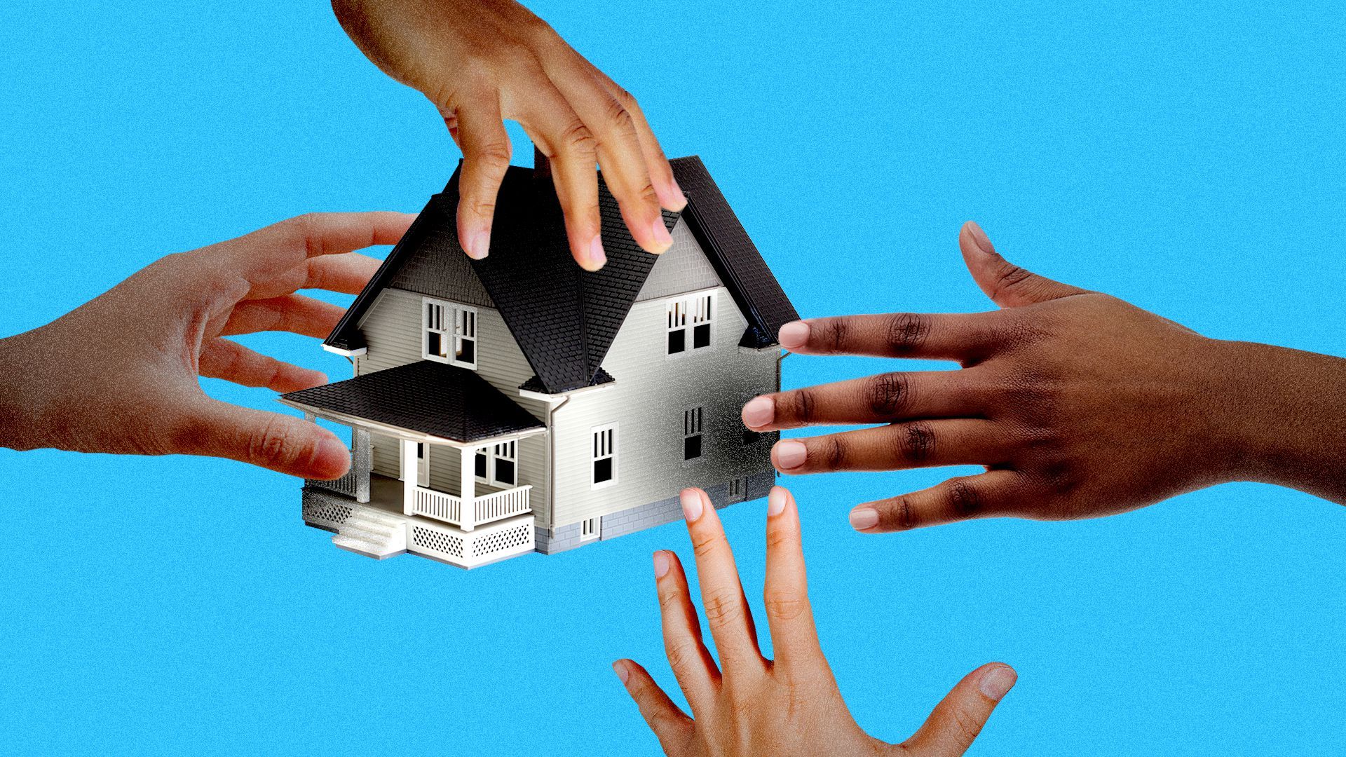 Illustration of four different people's hands reaching to grab one suburban house.