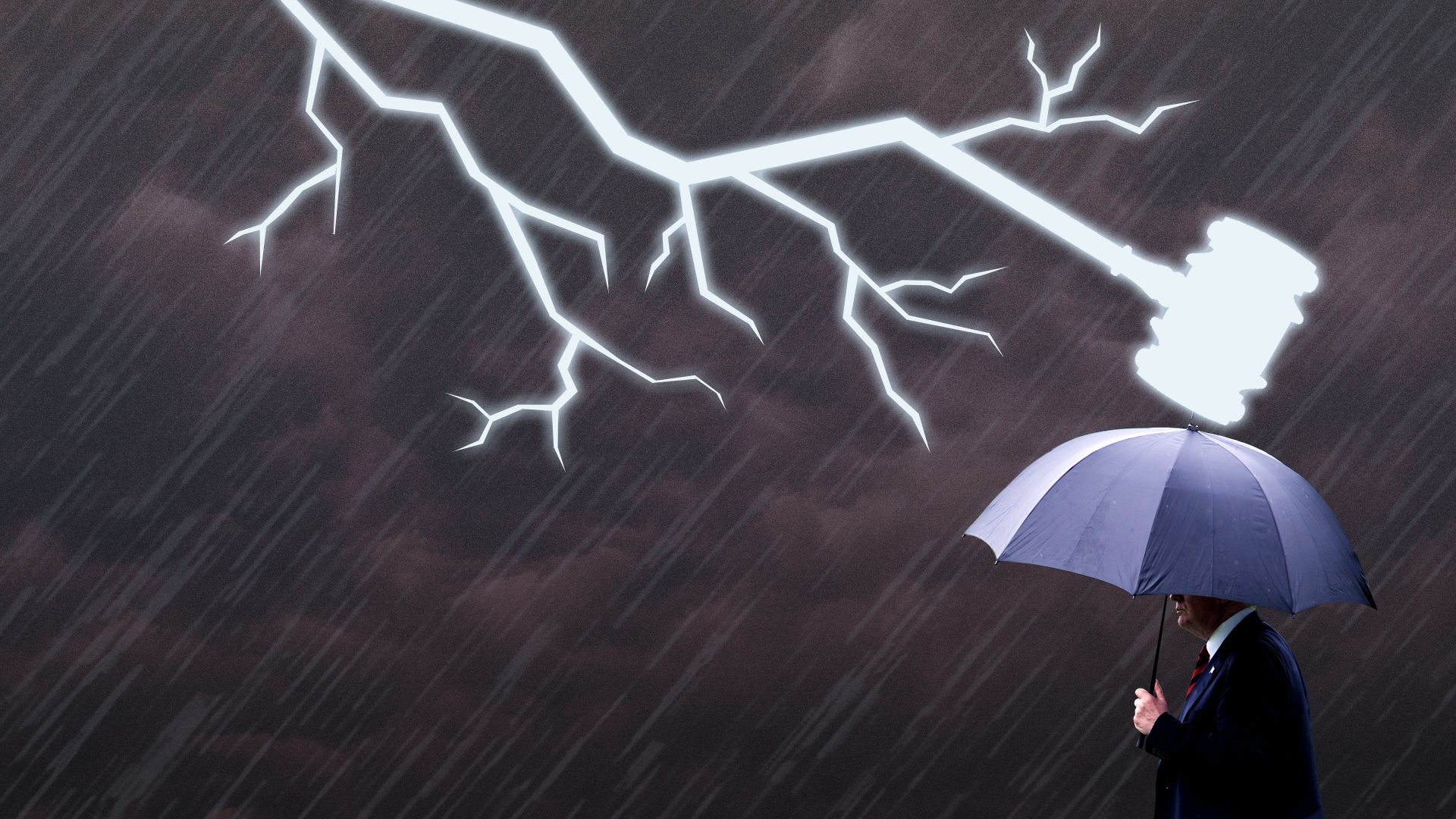 Trump walks through an evening storm and a lightning bolt, shaped like a gavel, is poised to crash into his umbrella.