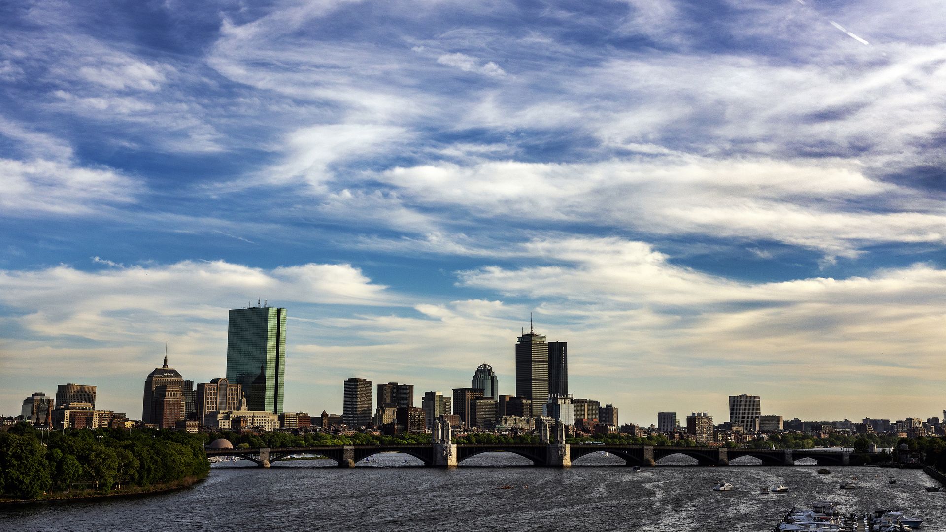 A view of Boston's skyline, with the Prudential Center building and the Charles River in the background, taken from the Museum of Science Parking Garage.