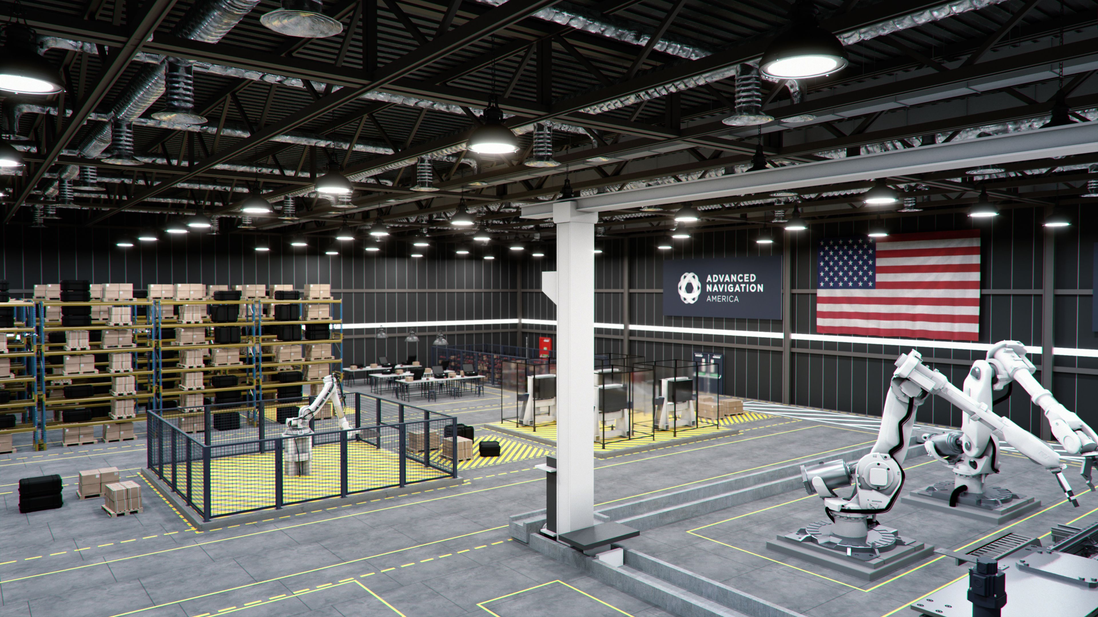 Interior of a modern warehouse with robotic arms, tall racks of boxes, yellow floor markings, an American flag, and a sign reading "Advanced Navigation America".