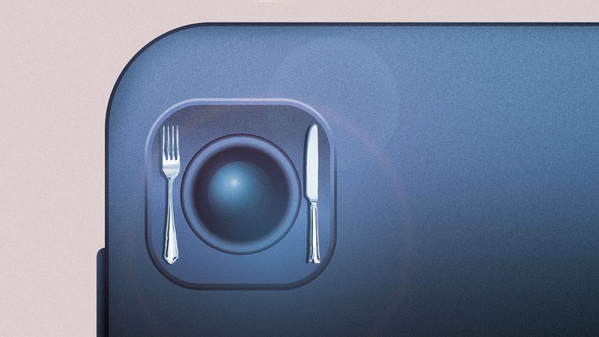 Illustration of the back of a smart phone with a knife and fork on either side of the camera lens, as if the lens were a plate.