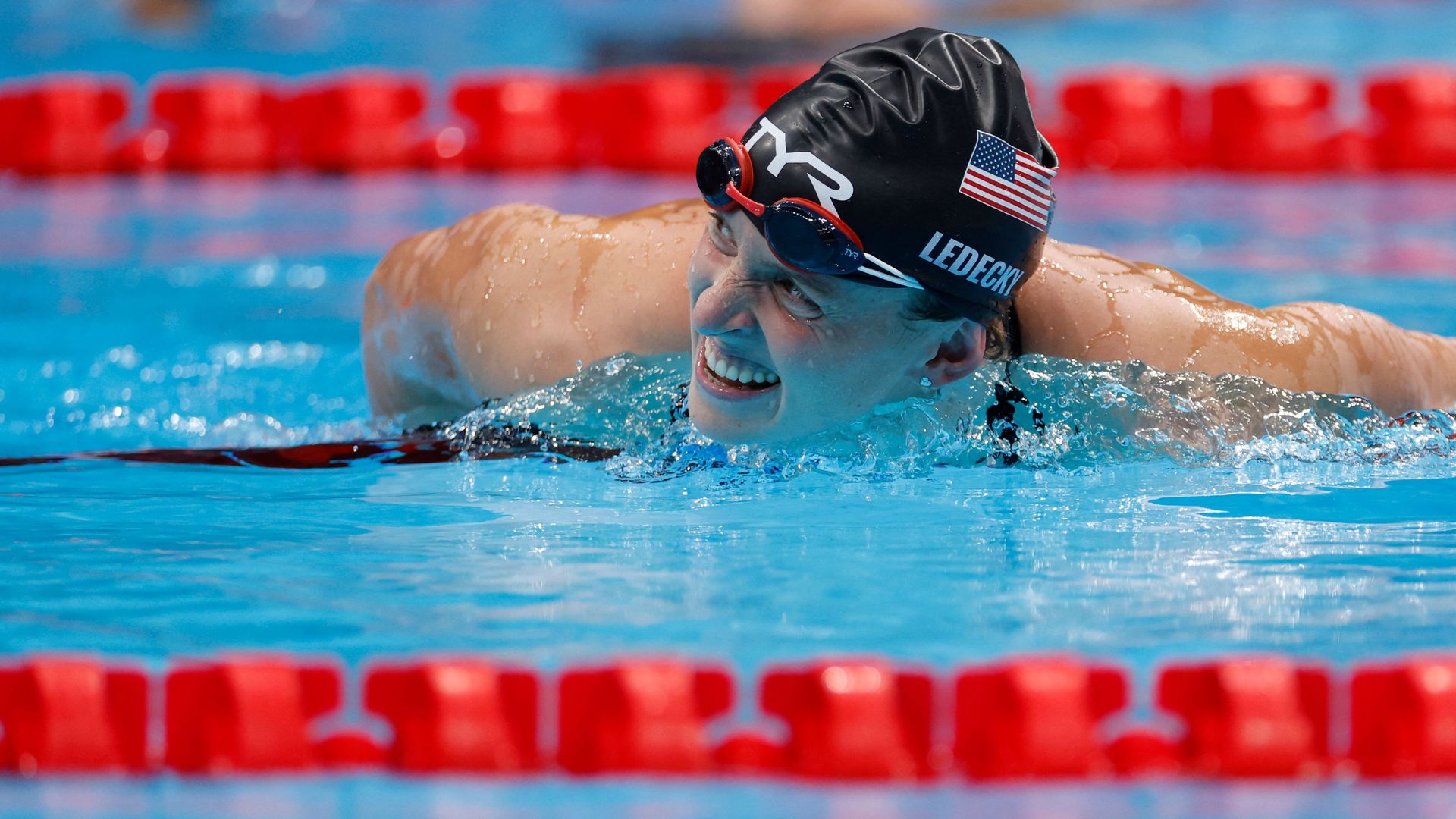 USA's Katie Ledecky reacts after taking gold in the final of the women's 800m freestyle race. Photo: Odd Anderson
