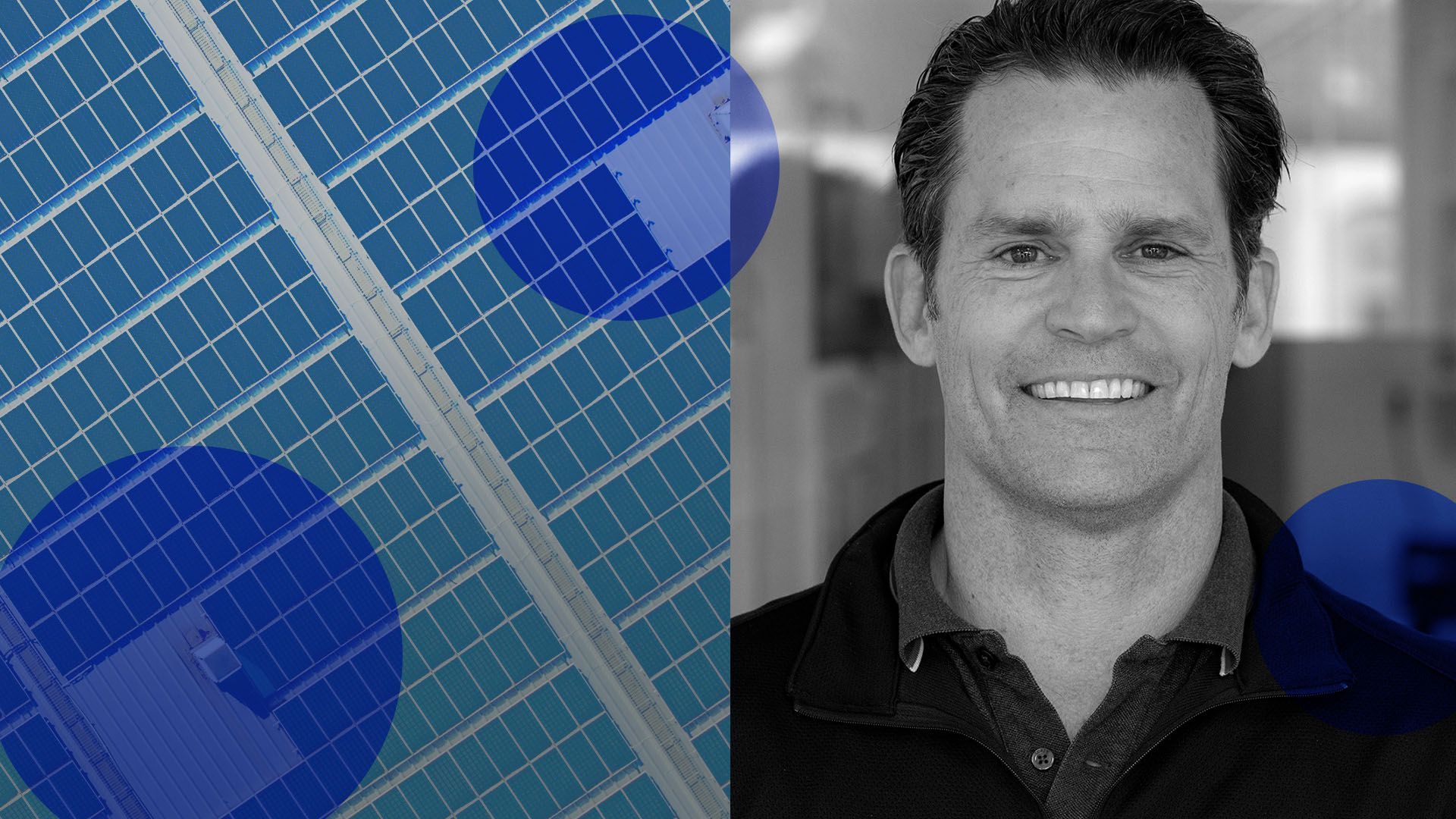 photo illustration of ZOLA CEO Bill Lenihan next to a solar panel and surrounded by blue circles