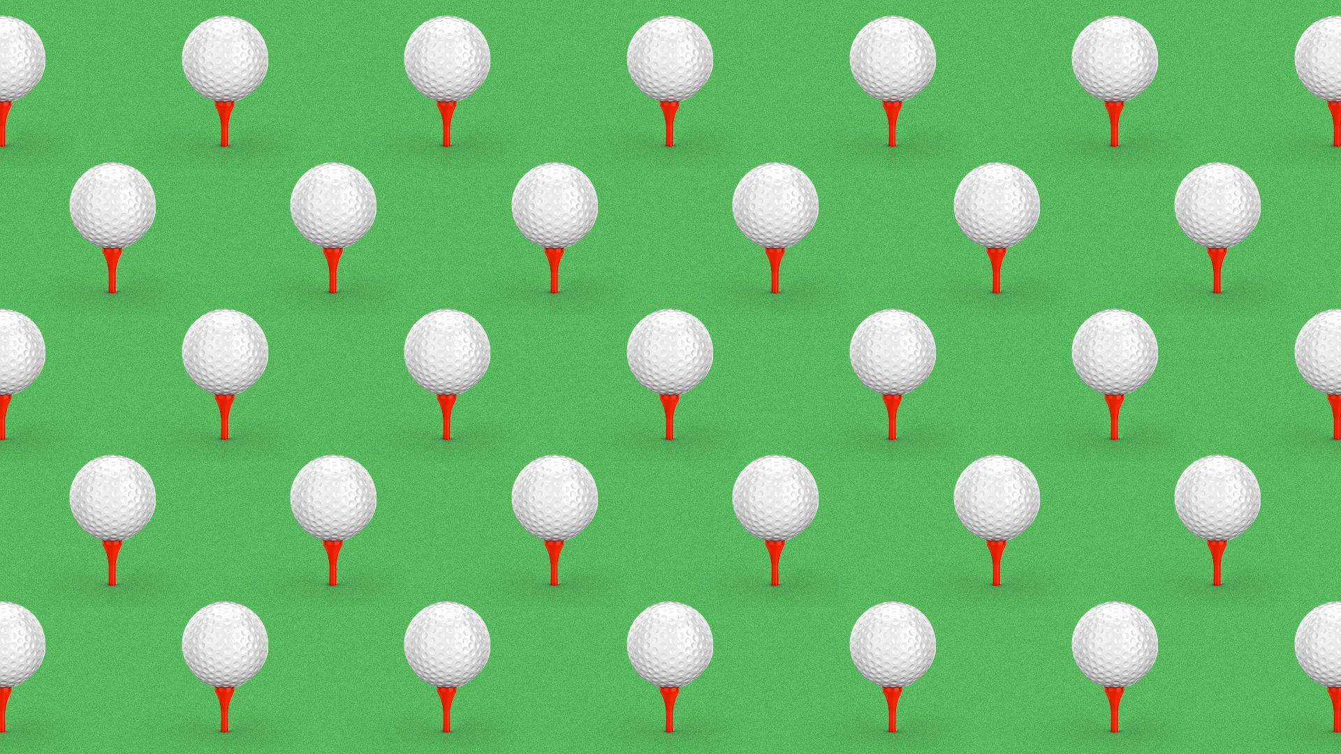 Illustration of a pattern of golf balls on tees.   