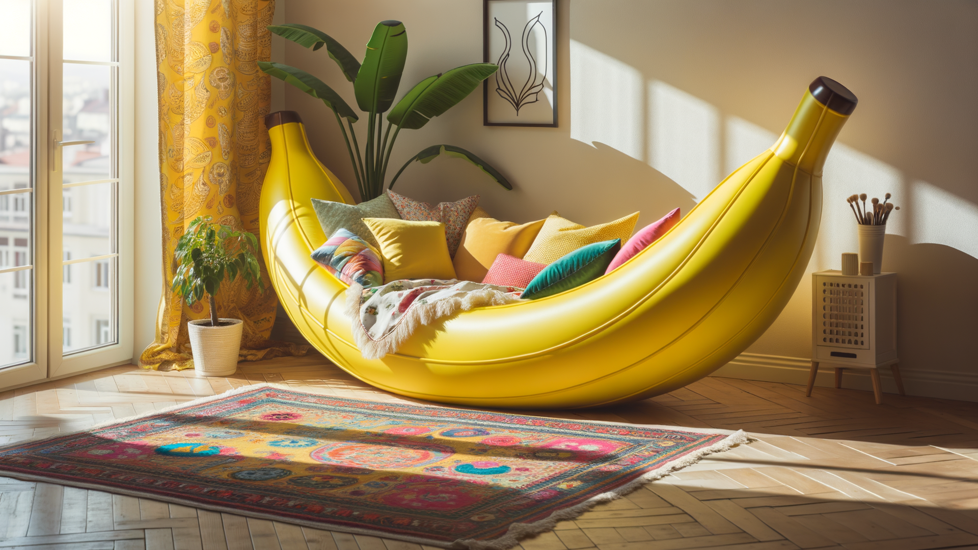 A AI-generated image of a banana-shaped couch in a living room created using Dall-E 3. 
