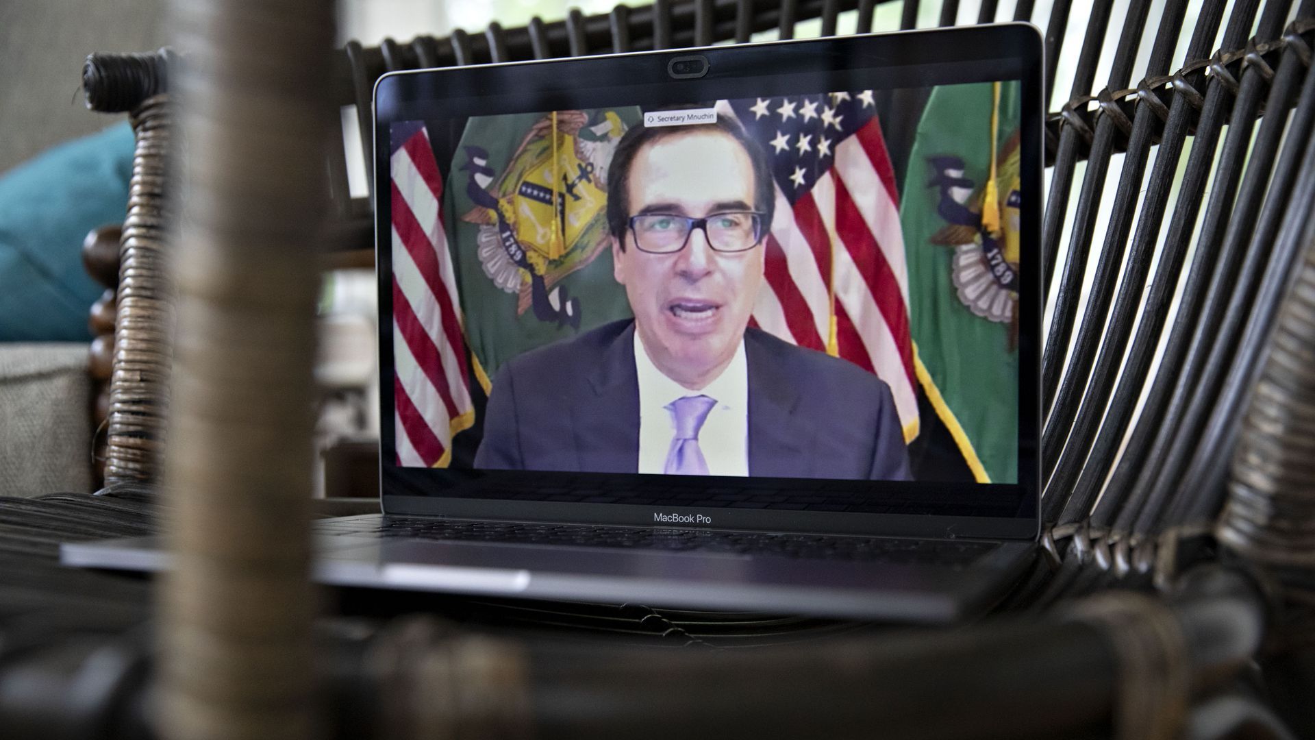Treasury Secretary Steven Mnuchin speaks during a virtual Senate Banking Committee hearing. 