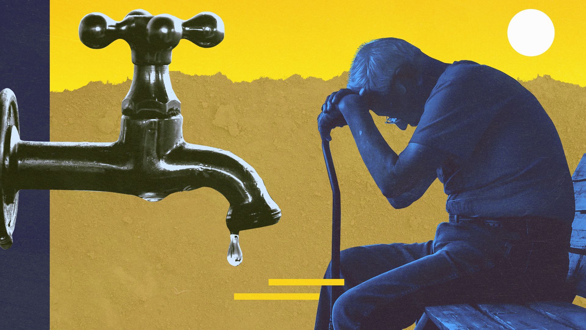Photo illustration of an elderly person resting on a cane, a large dripping faucet and desert landscape.
