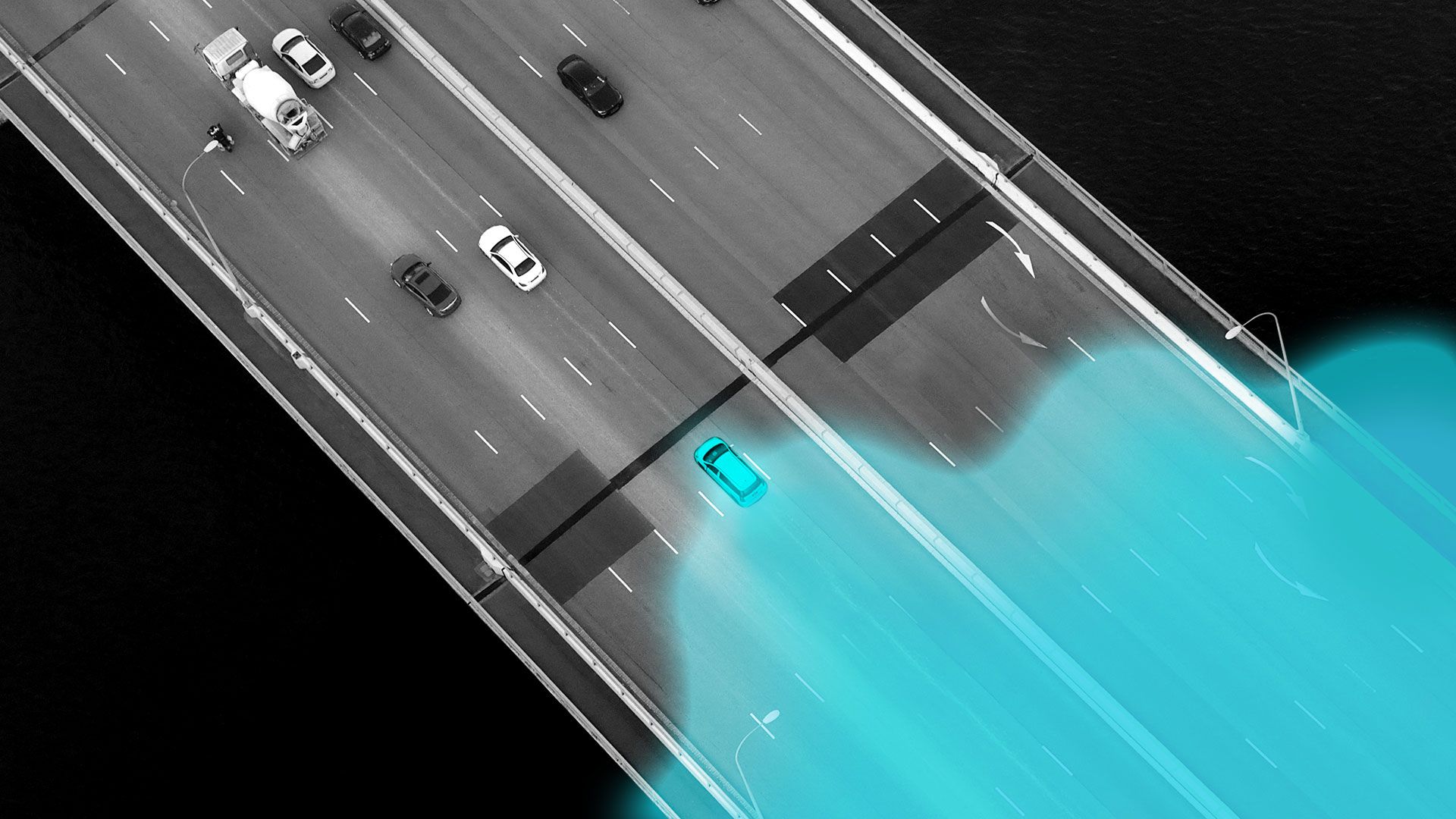 Illustration of a car driving down a highway leaving behind a glowing trail that ripples out. 