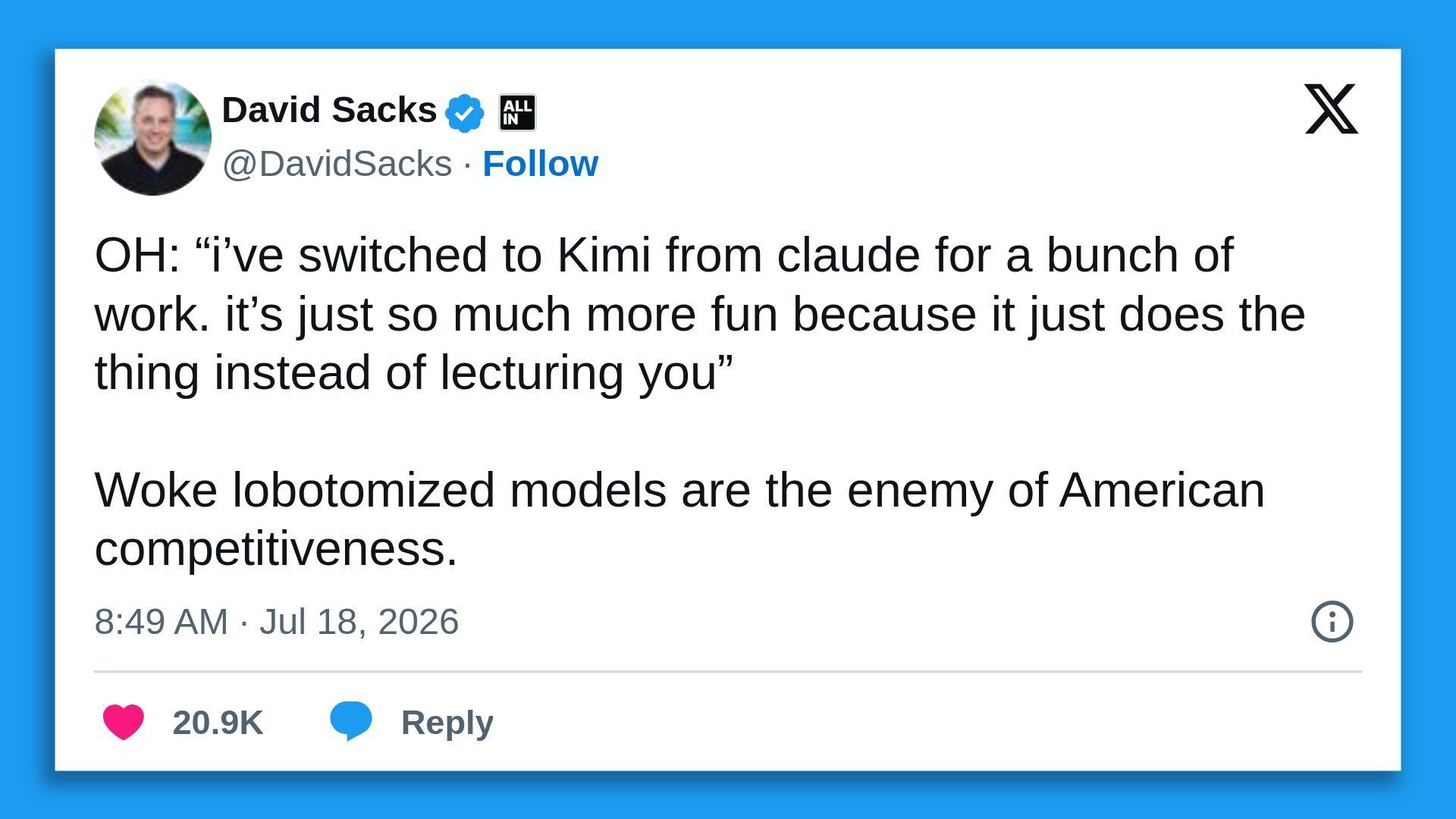 Social post on a blue UI with a profile image, verified badge, and handle; discusses switching to Kimi from Claude for work; timestamp 8:49 AM, Jul 18, 2026.