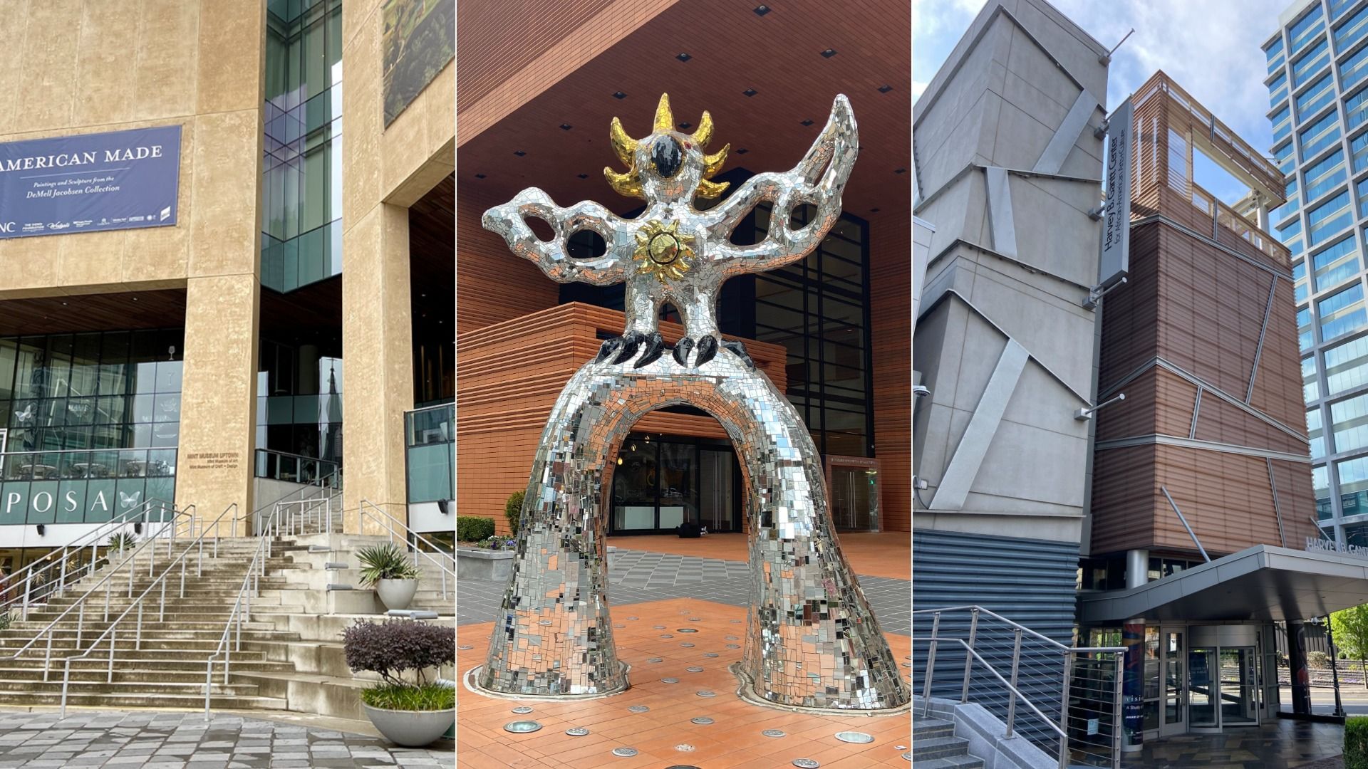 Three photos showing an urban art scene: steps with a sign "American Made," a shiny reflective bird sculpture with gold highlights, and a modern building with the sign "Harvey B. Gantt Center."