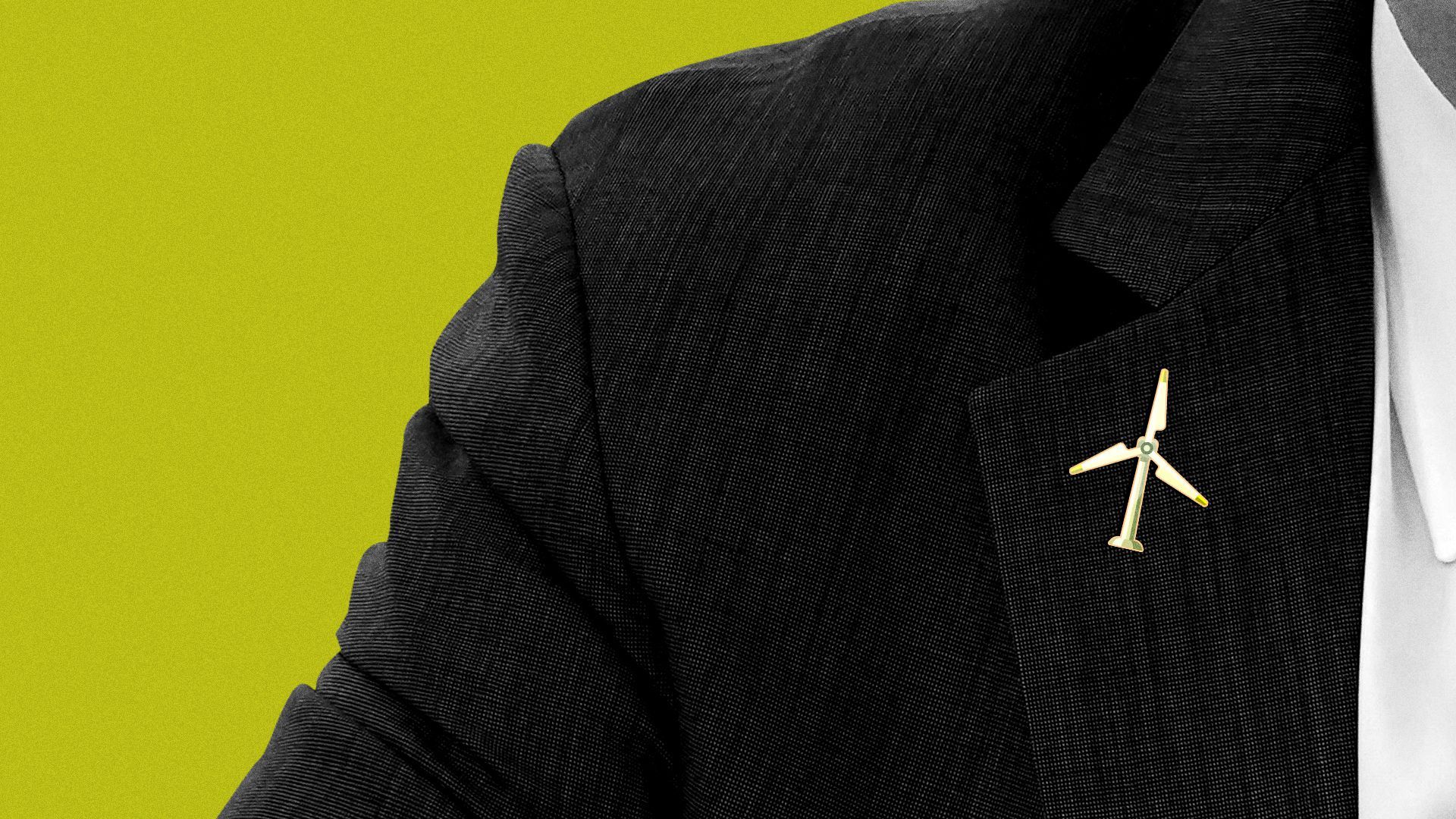 Photo illustration of Joe Biden with a wind turbine pin on his collar.