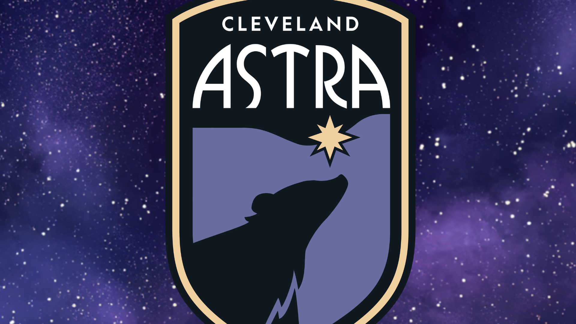 Gold-bordered shield on a starry purple space background; white text reads "Cleveland Astra". A purple panel shows a howling wolf silhouette beneath a star.