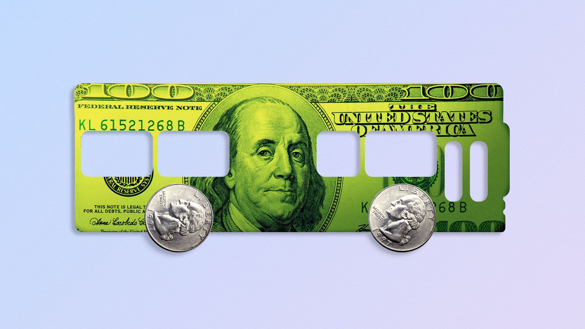 Illustration of a public bus made of a $100 bill and quarters