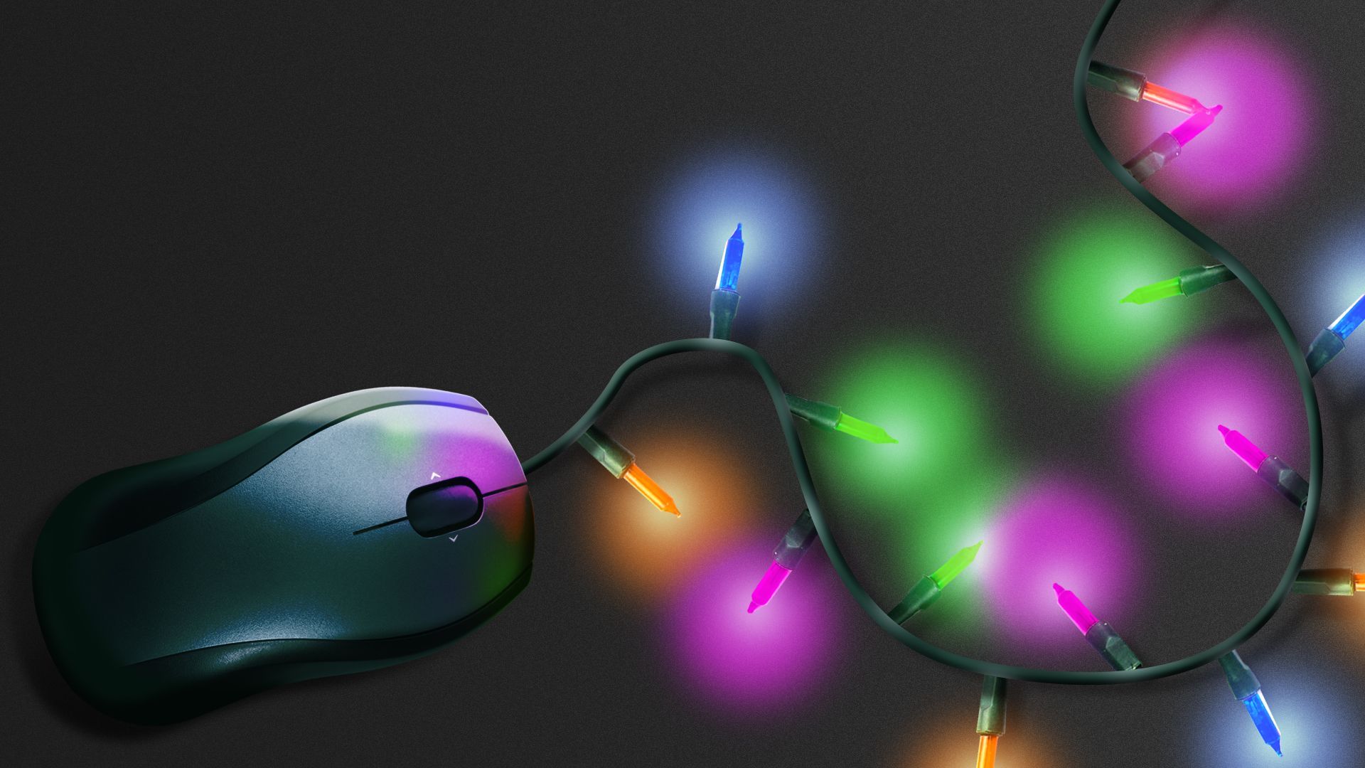 Illustration of a computer mouse with a cord of holiday lights
