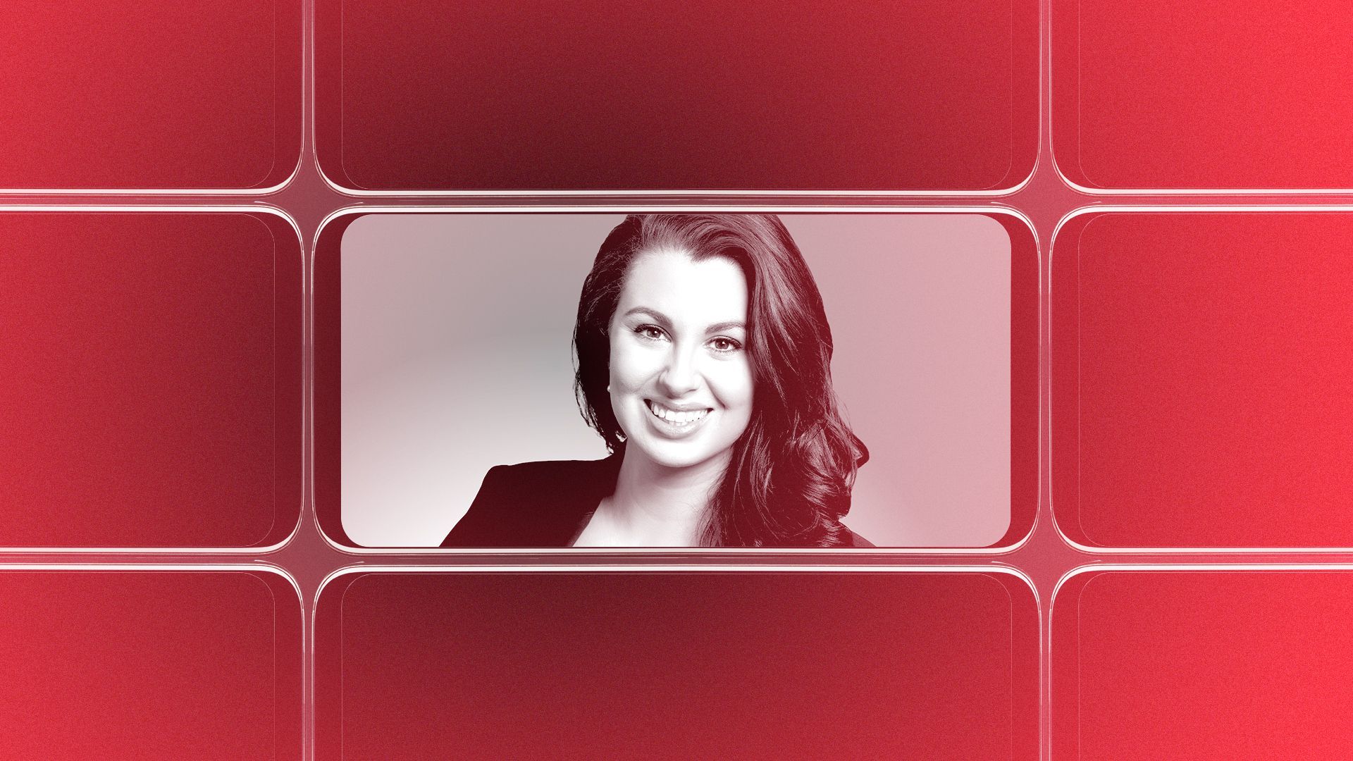 Photo illustration of a grid of smartphone screens, the center one showing an image of state Senator Julia Coleman.