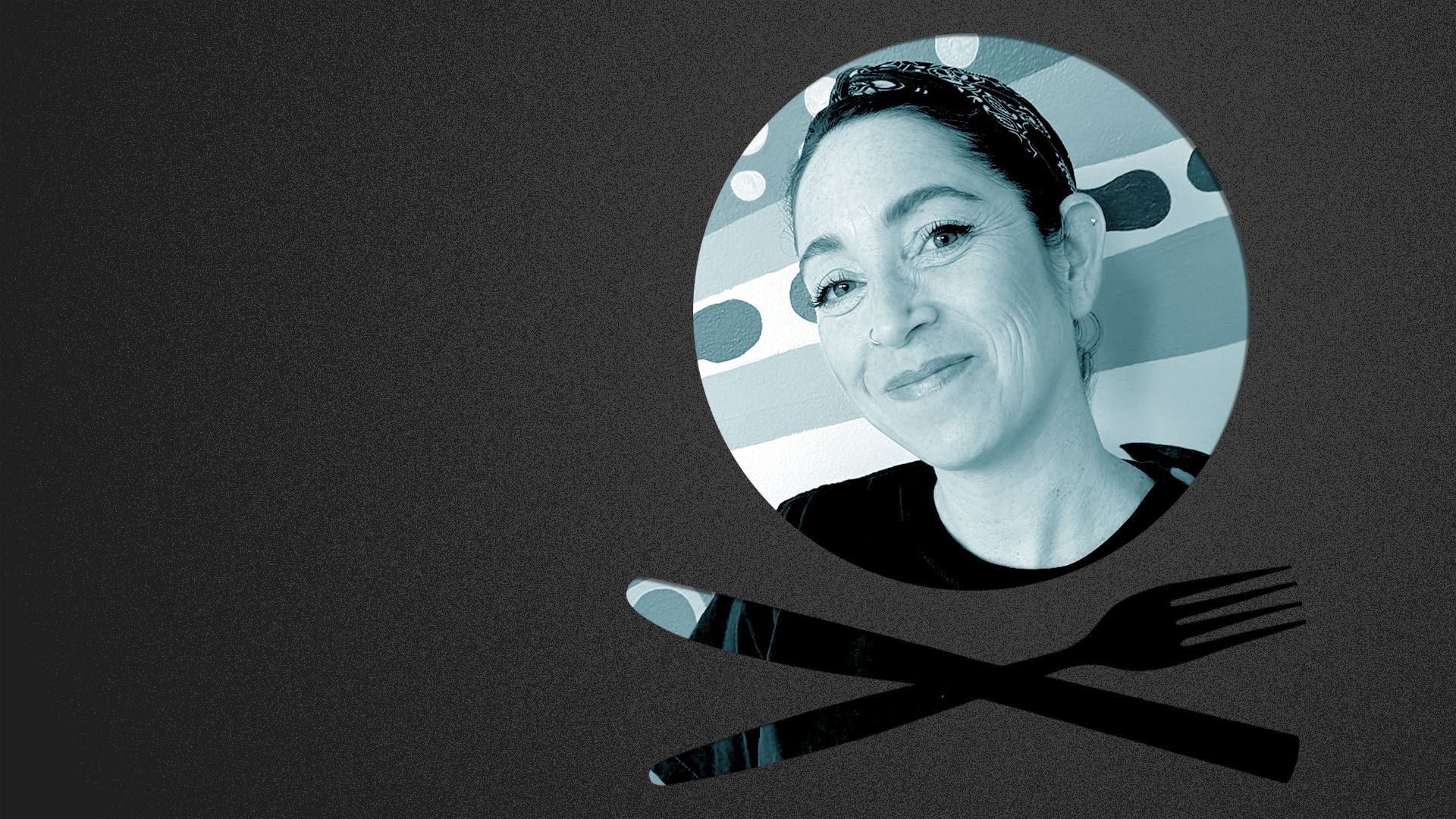 Photo illustration of a place setting shaped like a skull and crossbones containing a photo of Joanna Strahm.