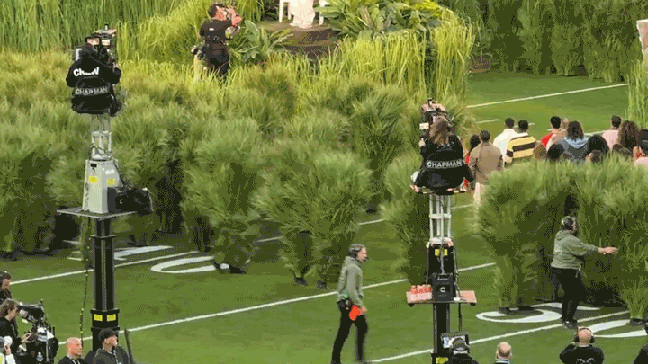 Hundreds of extras waddle onto the field of Levi's Stadium ahead of Bad Bunny's Super Bowl halftime show.
