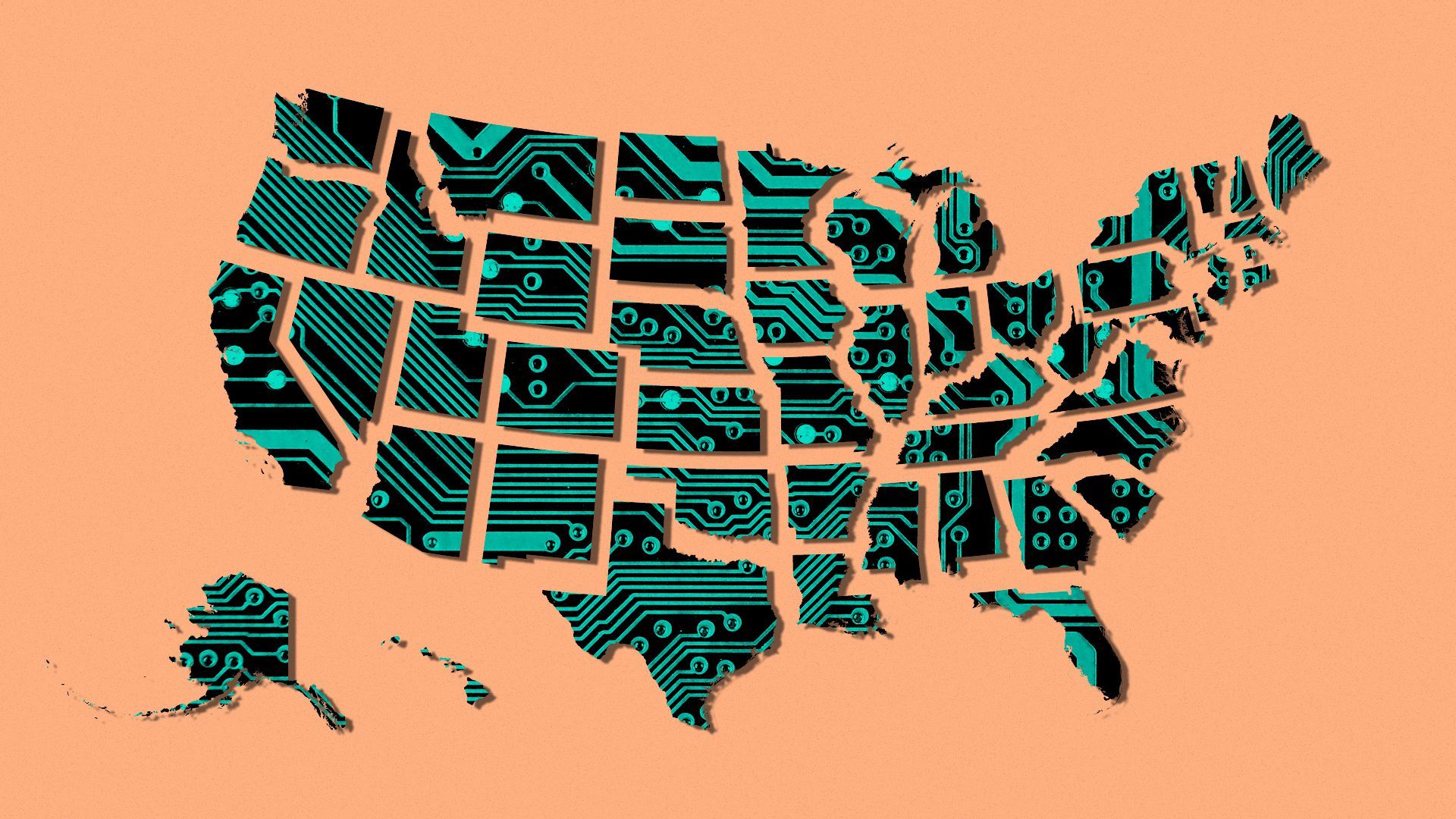 Illustration of a circuit board pattern on a map of the United States with extra space between each state's border.
