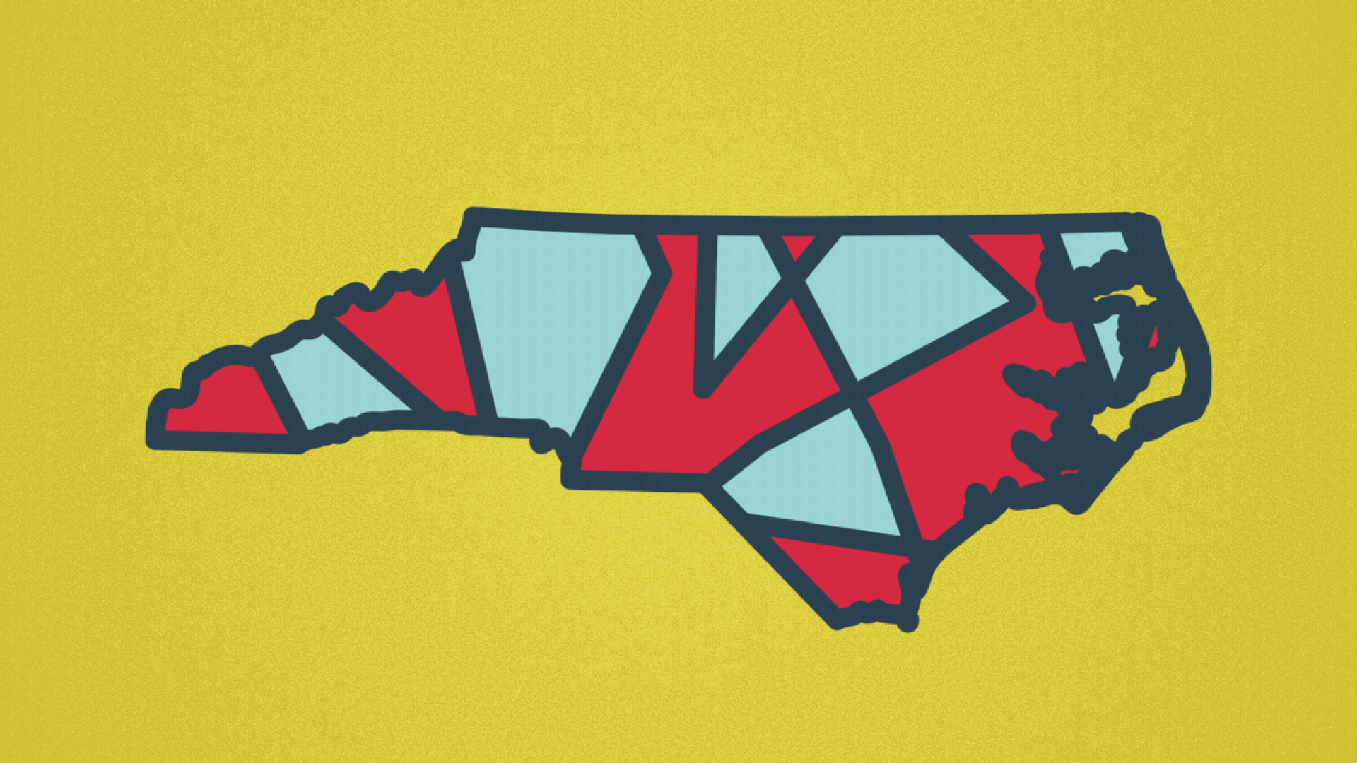 Illustration of the state of North Carolina with moving districts inside it. 