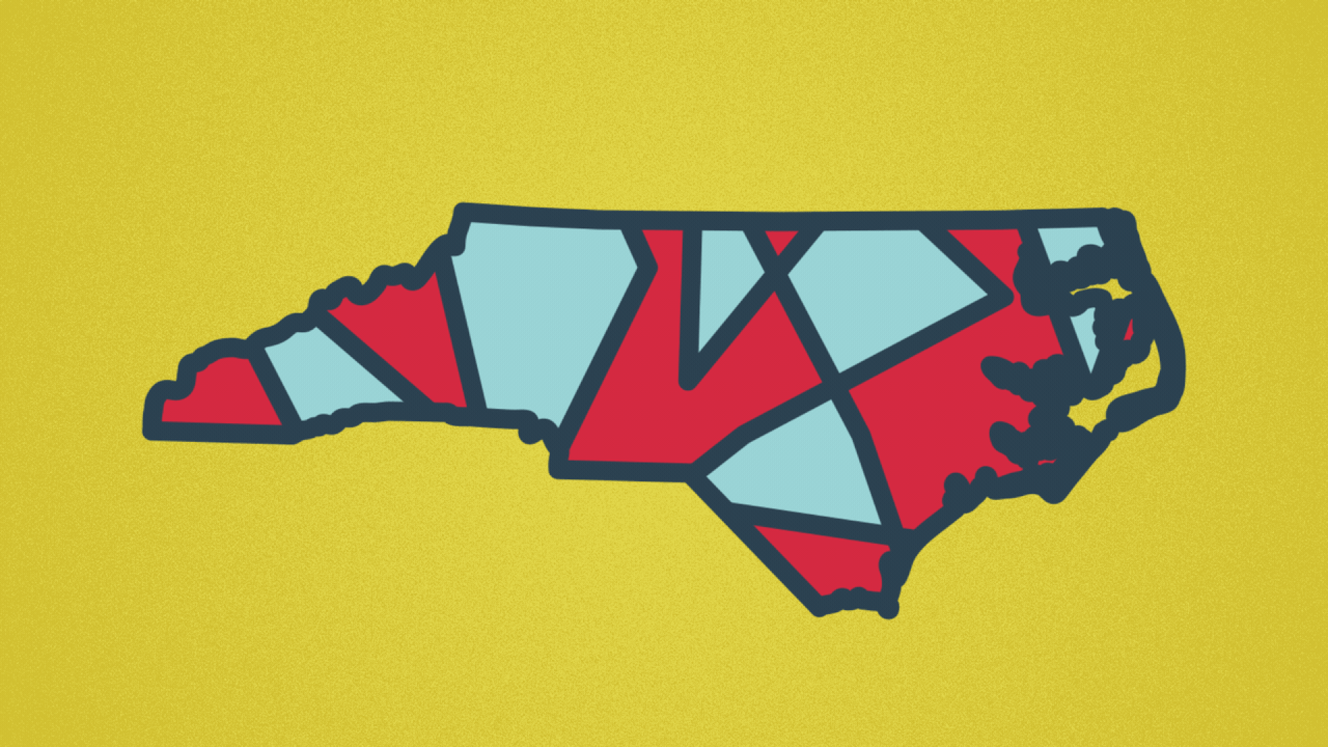 Illustration of the state of North Carolina with moving districts inside it.