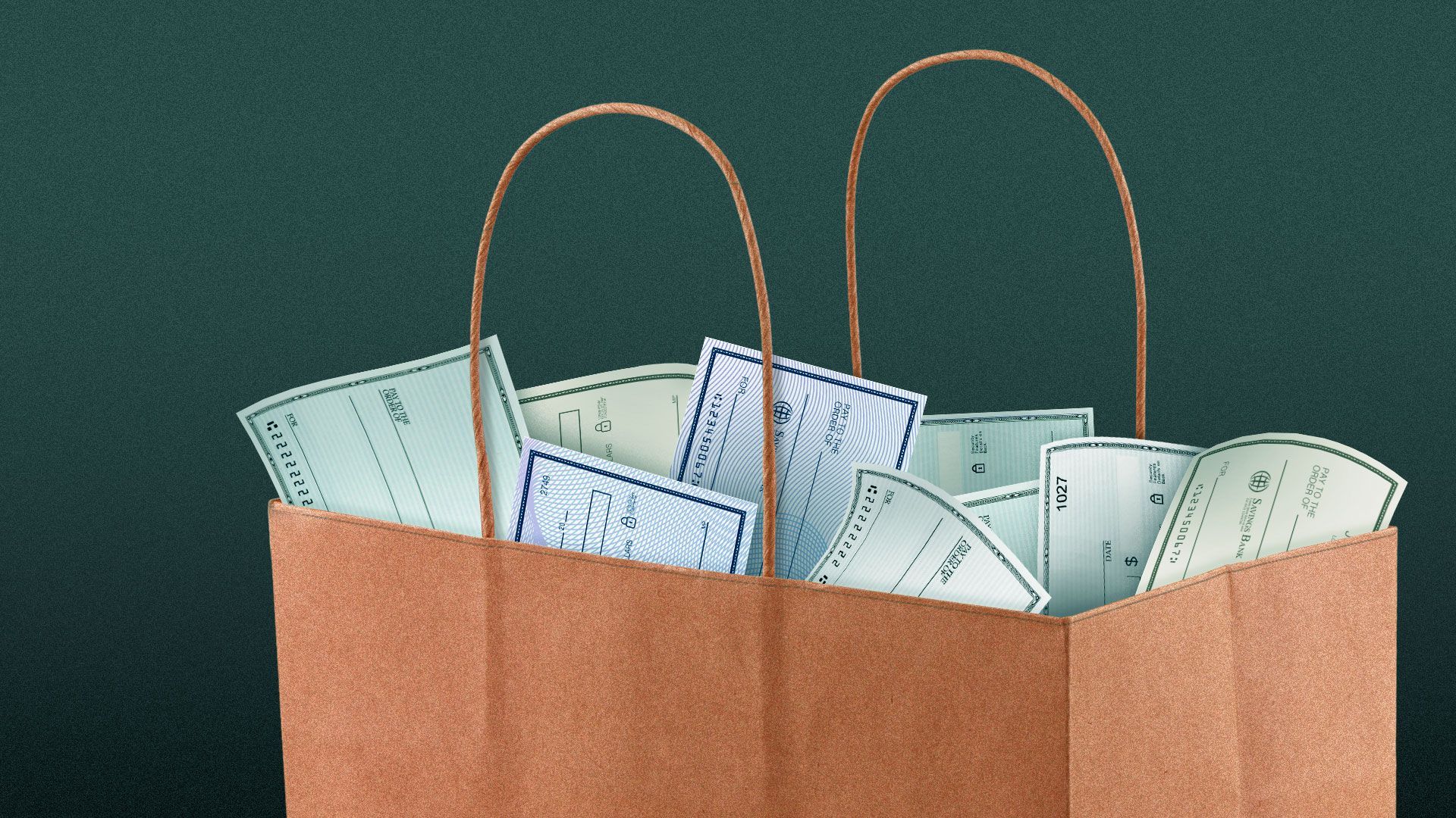 Illustration of a shopping bag full of checks.