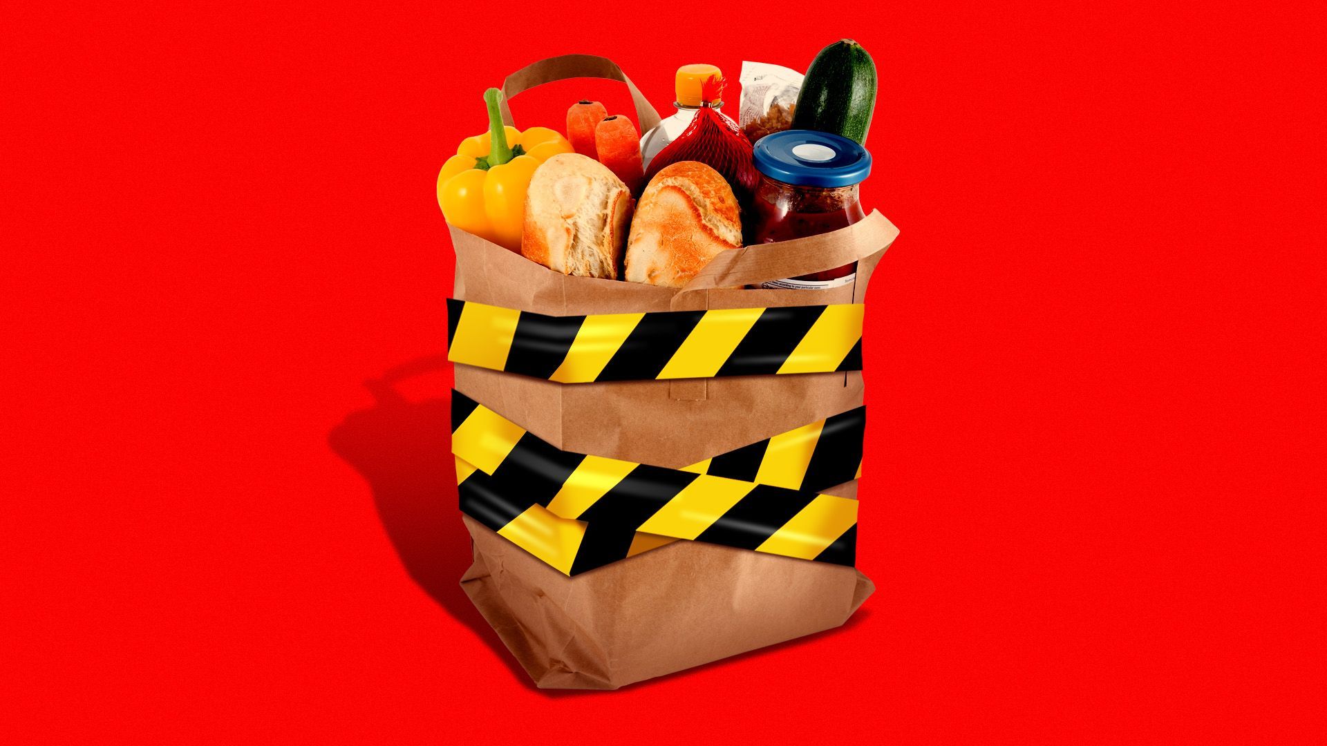 Illustration of a grocery bag covered in caution tape