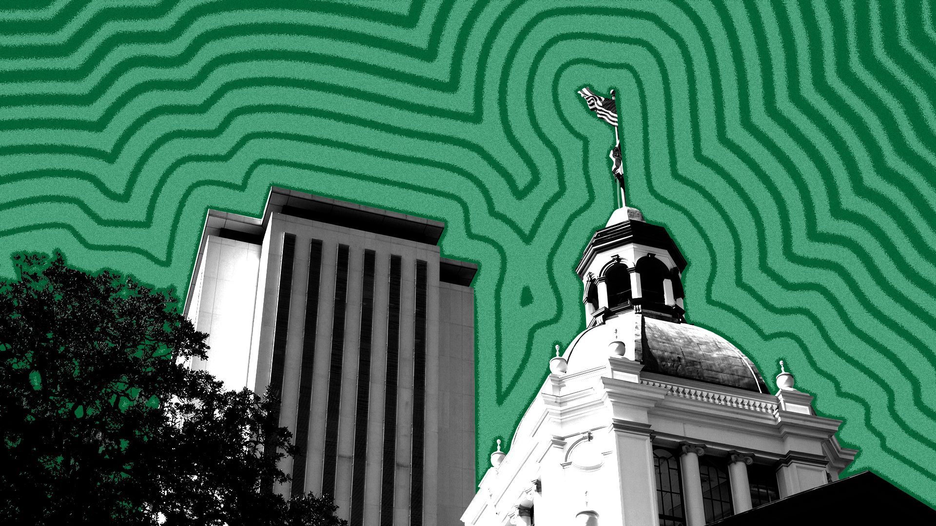 Illustration of the Florida State Capitol building with lines radiating from it.