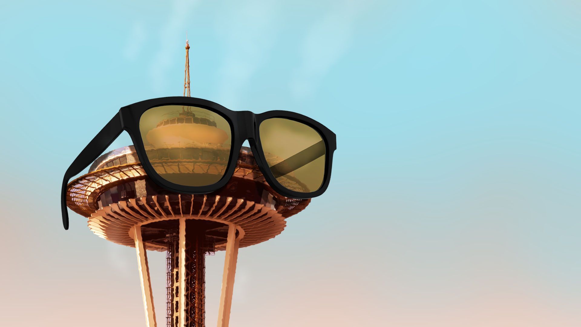Illustration of the Seattle Space Needle wearing sunglasses