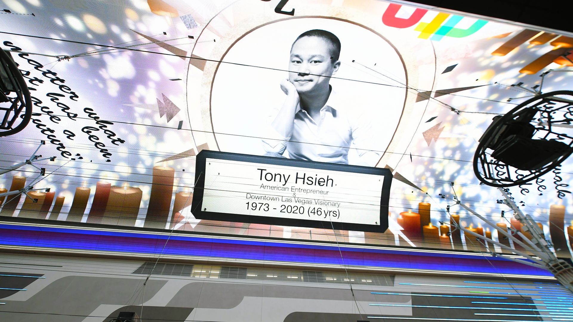LAS VEGAS, NEVADA - NOVEMBER 28: A tribute to tech entrepreneur Tony Hsieh is displayed on the Fremont Street Experience attraction's Viva Vision screen on November 28, 2020 in Las Vegas, Nevada. 