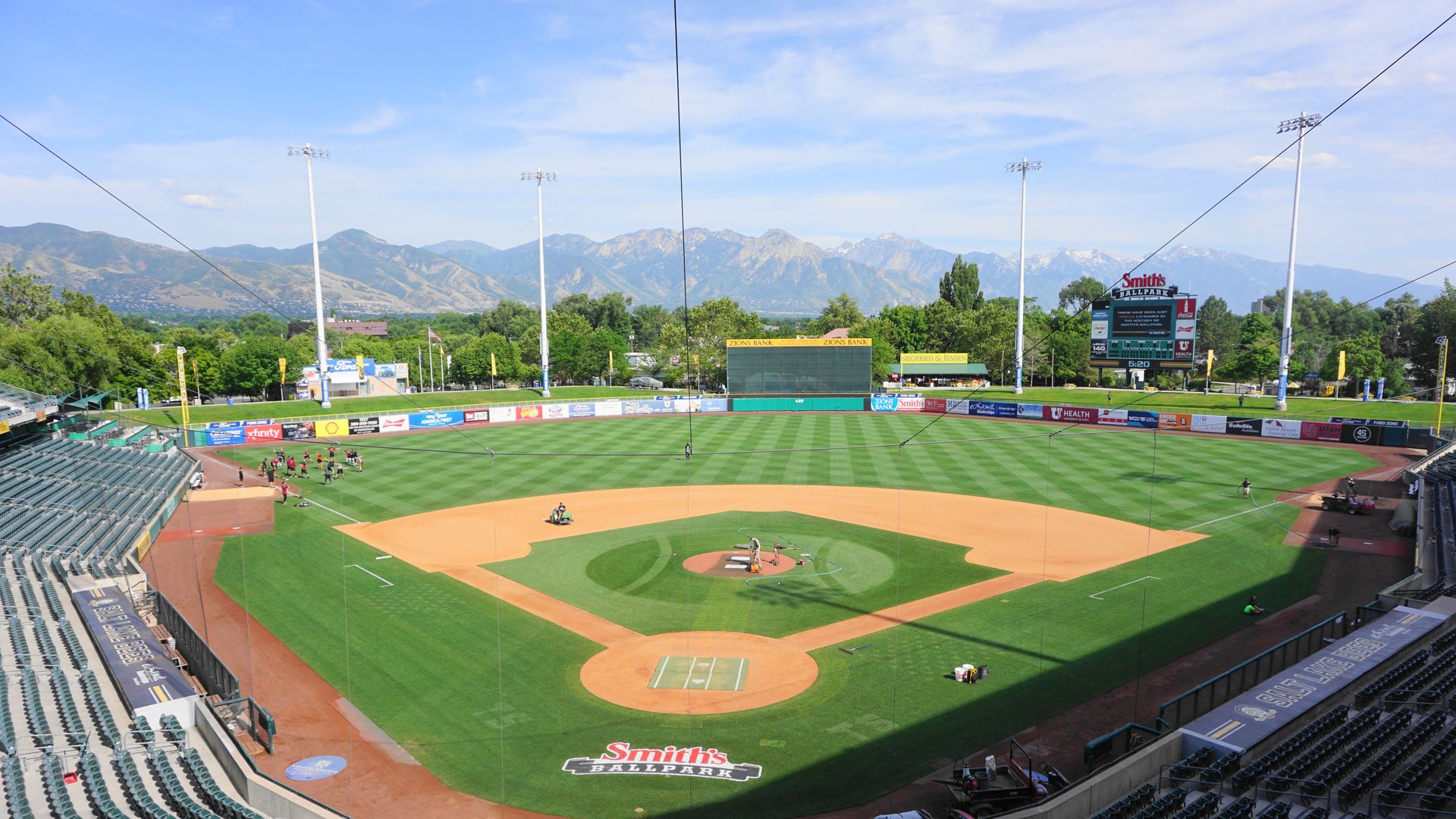 Smith's ball park in Salt Lake City on a sunny day with mountains in the background