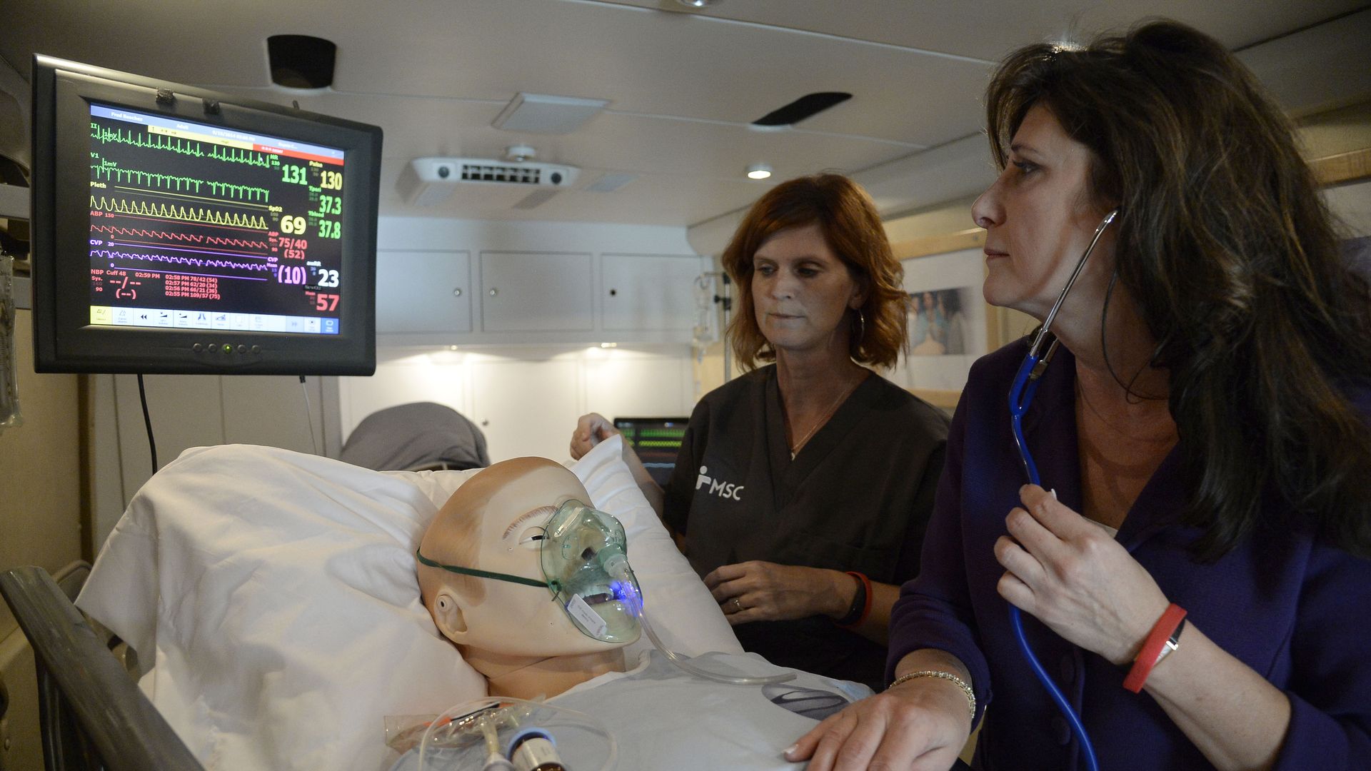 Photo of two people checking vitals of sepsis dummy in lab to train sepsis awareness
